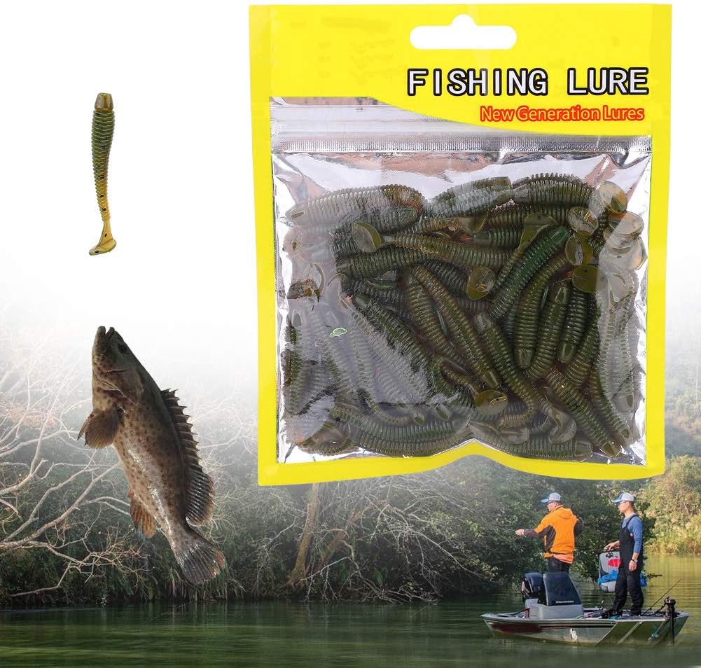 Fishing Lures, 50PCS 2in Plastic Soft T Tail Grub Swimbaits Kit, Grub Baits, Black for Freshwater Saltwater Bass Anglers Recreational Fishing