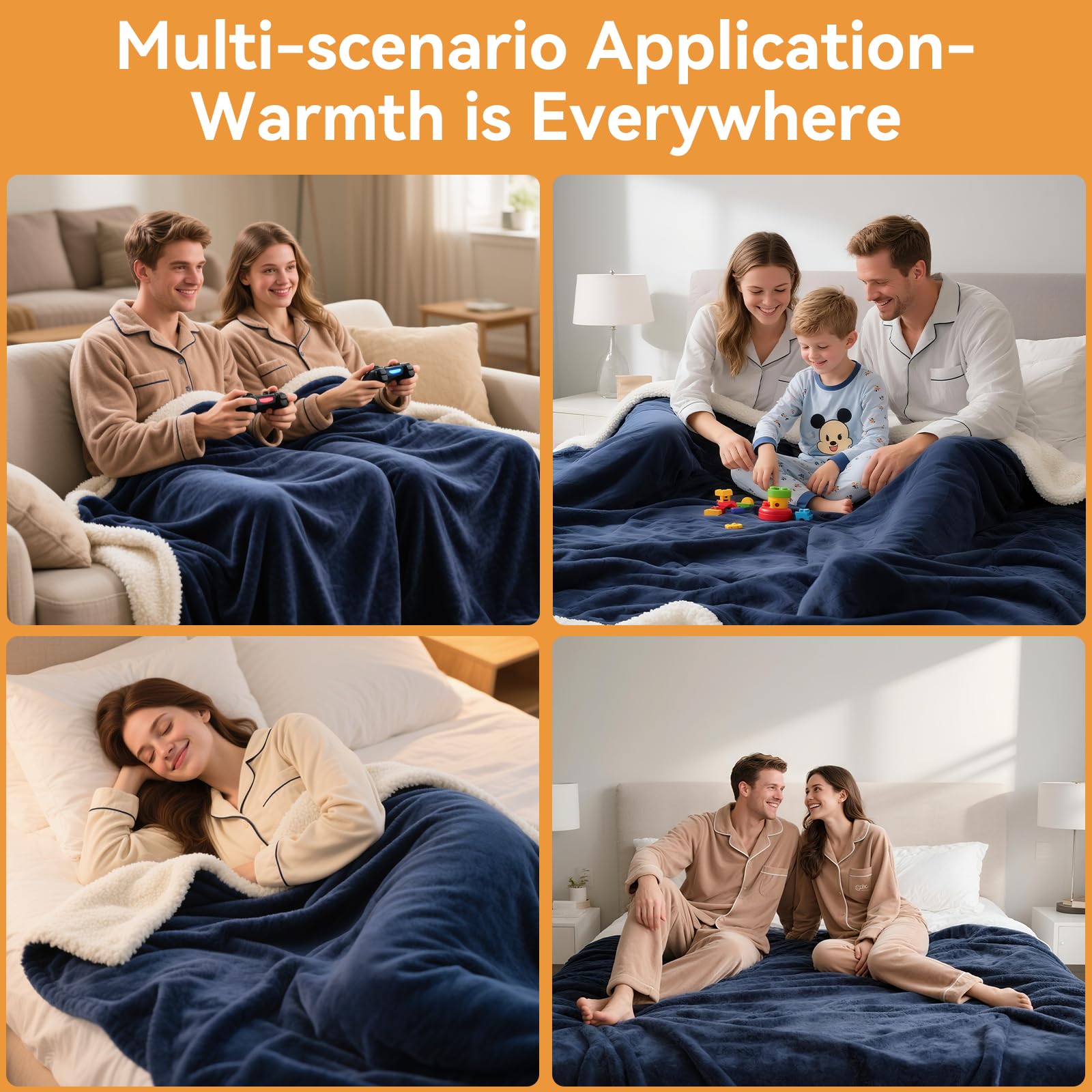 Coperta Termica 180 * 200cm Coperta Riscaldante Elettrica con 9 Livelli Di Calore e 10 Timer e Display Led Plaid Riscaldabile Termocoperta Singola e Doppie Blu Navy