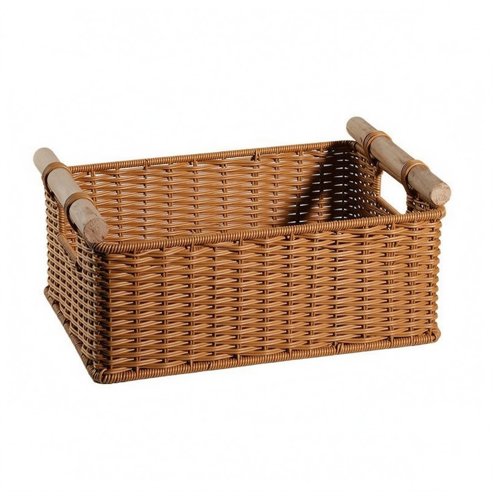 Panier imitation rotin rectangulaire marron avec poignées en bois pour rangement rustique