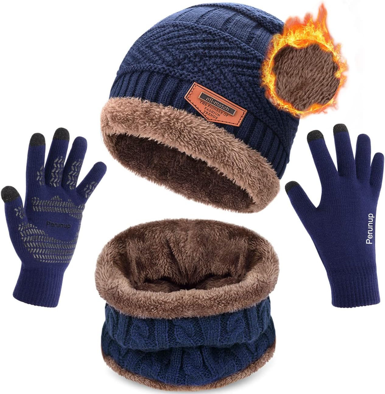 Beanie Hat and Scarf Set Unisex, Mens Winter Slouch Hat Knit Gloves and Ski Neck Warmer with Fleece Lining for Women