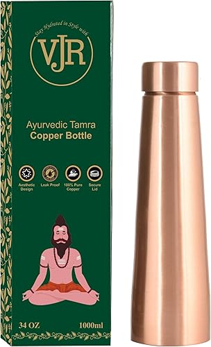 Miniatura 2 de VJR Botella de agua de cobre 100% puro para beber, 34 onzas, simple, ayurvédica, a prueba de fugas, botella de solomán pura para beber vasos de