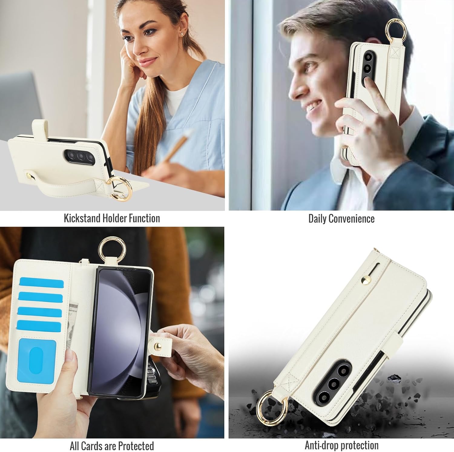 Asuwish Phone Case for Samsung Galaxy Z Fold 3 5G 2021 Wallet Cover with S Pen SPen Slot Credit Card Holder Stand RFID Blocking Slim Wrist Strap Cell ZFold3 Z3 Fold3 3Z ZFold35G Women Men Off White