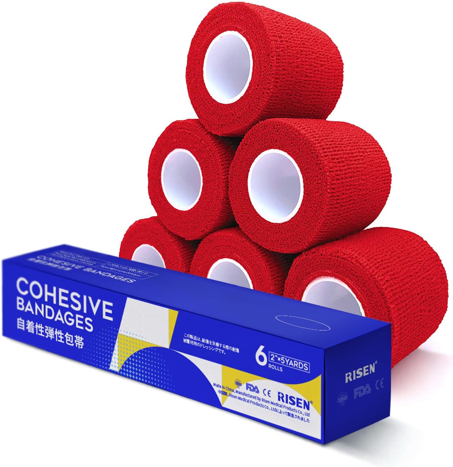 RISEN Cohesive Bandage 2” x 5 Yards, 6 Rolls, Self Adherent Wrap Medical Tape, Adhesive Flexible Breathable First Aid Gauze Ideal for Stretch Athletic