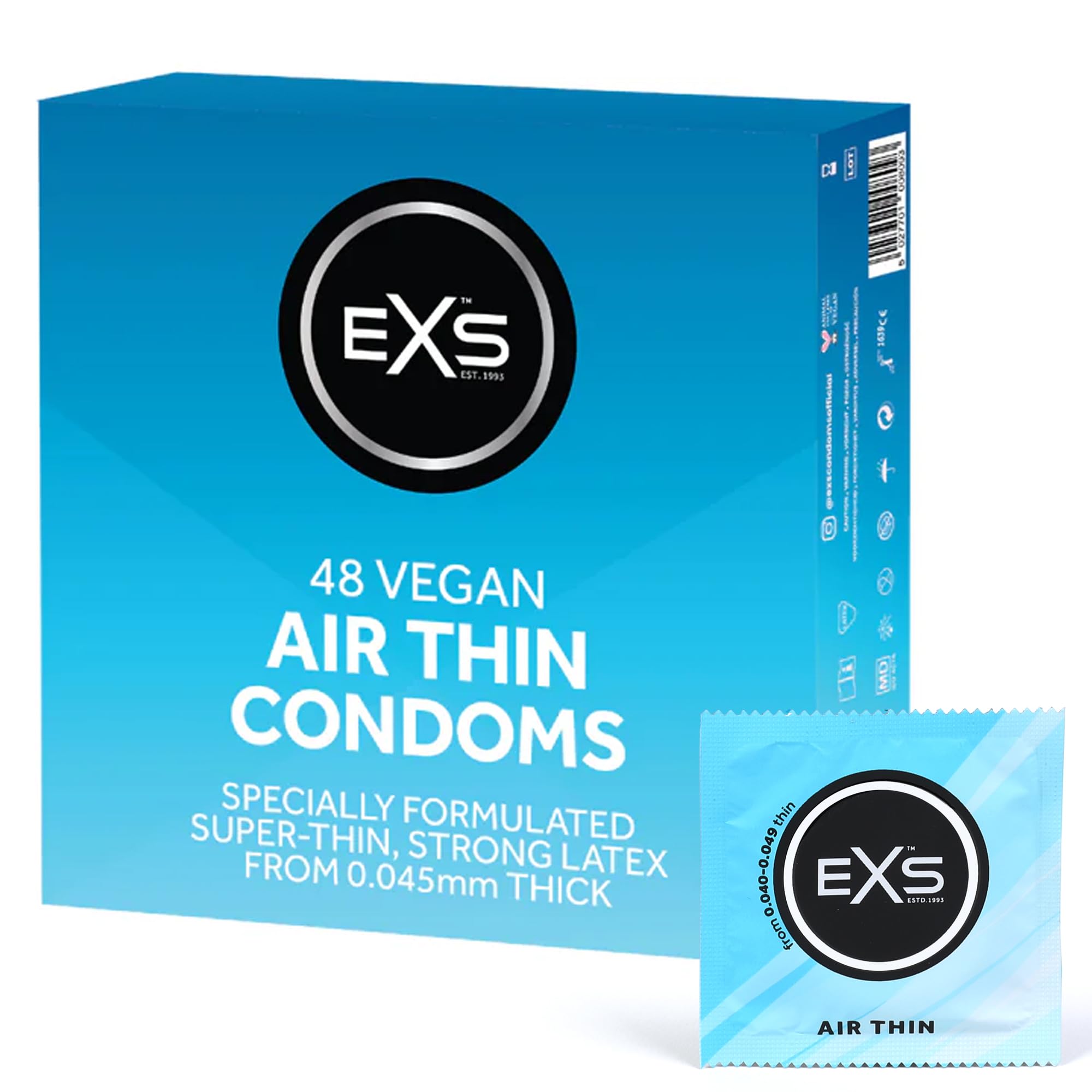 EXS Air Thin Condoms (48 Pack) Regular Fit, Premium Latex with Non-Spermicidal Lube, Flared with Teat, PETA-Approved Vegan Condom, 3 Year Expiry Life - CE Marked NHS Approved Male Condoms