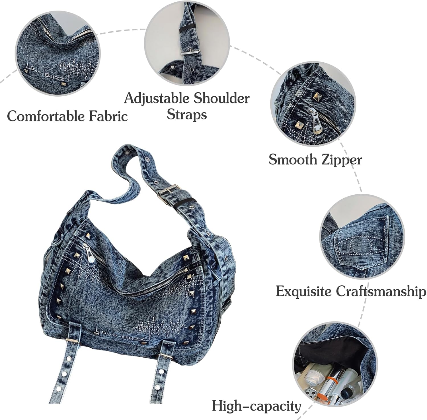 Denim Crossbody Bag for Women Large Capacity Shoulder Bag Lightweight Satchel Handbag Retro Messenger Bag - Image 4