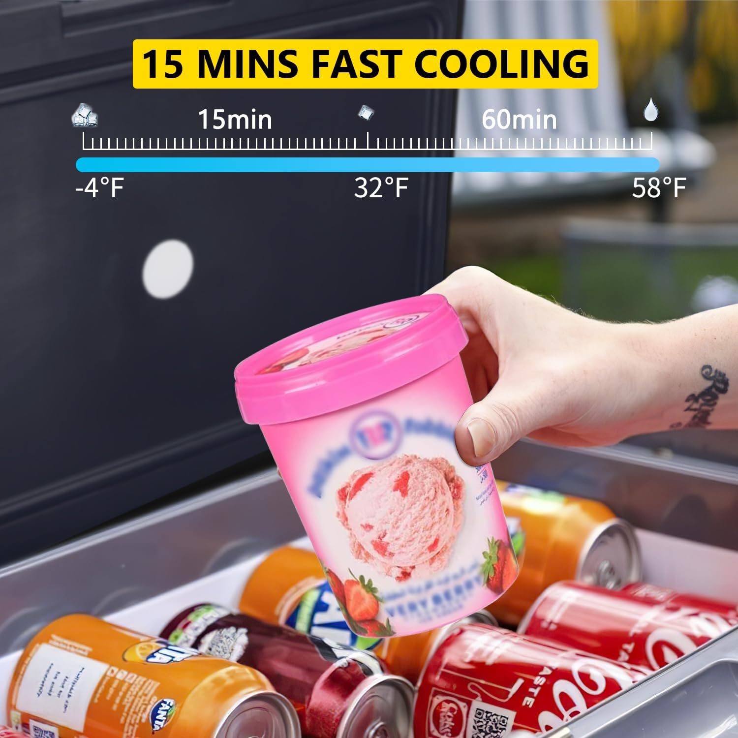 AUTOOMMO portable refrigerator showing fast cooling performance, reaching -4°F in 15 minutes.