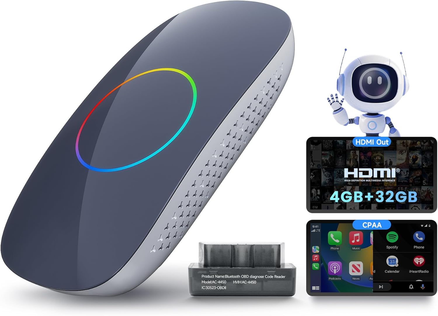 Magic Box - AI Box Carplay Android Auto Wireless, 4GB+32GB Car Video Box for YouTube, Netflix, Prime Video, Spotify w/Dual Wi-Fi & BT, Gen AI, HDMI Output, USB Playback, w/Mini OBD2, CB4DT