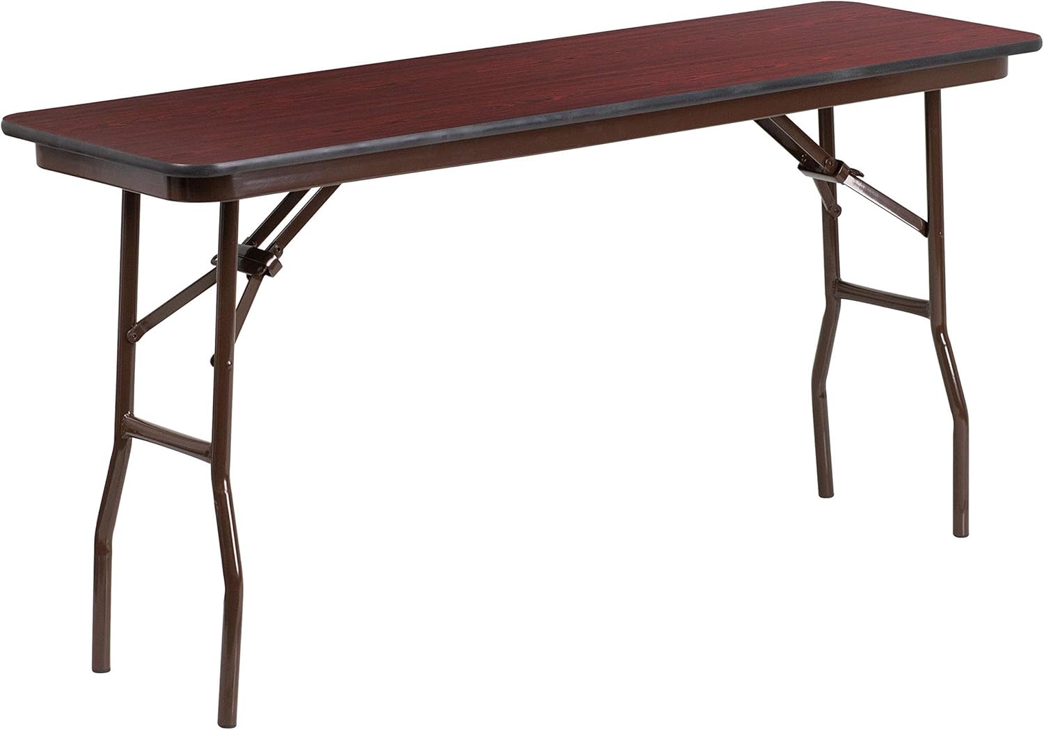 BOWERY HILL 18" x 60" Folding Table, Mahogany Finish, High Pressure Laminate Top, Brown T-Mold Edge Band, 18 Gauge Steel Legs, Training Style Table for Classroom, Banquet Halls or Hospitality Use
