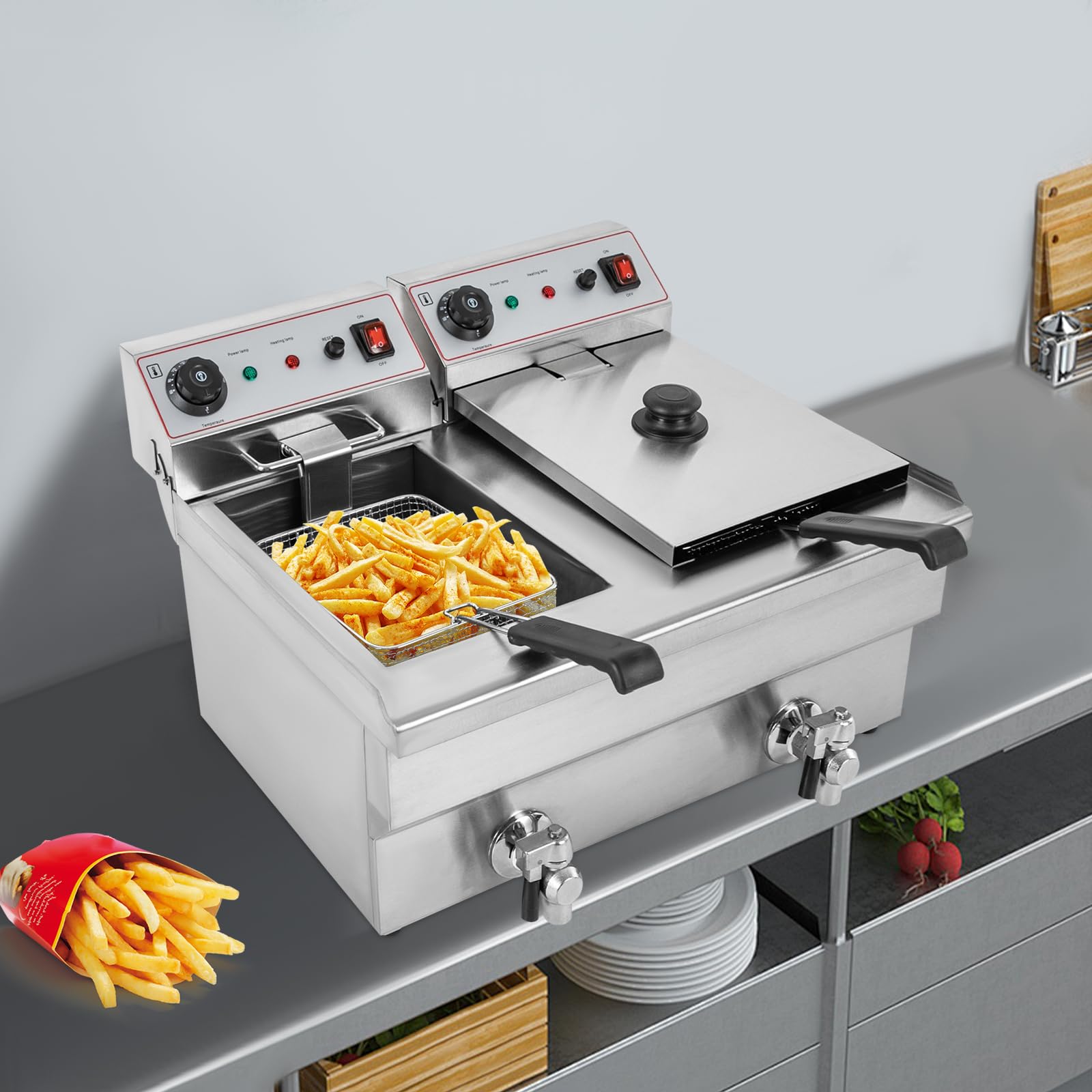 Friggitrice, friggitrice elettrica commerciale, padella con due cestini, friggitrice in acciaio inox 220 V, gamma regolabile (60-200 ℃), per ristoranti veloci, snack bar, ecc