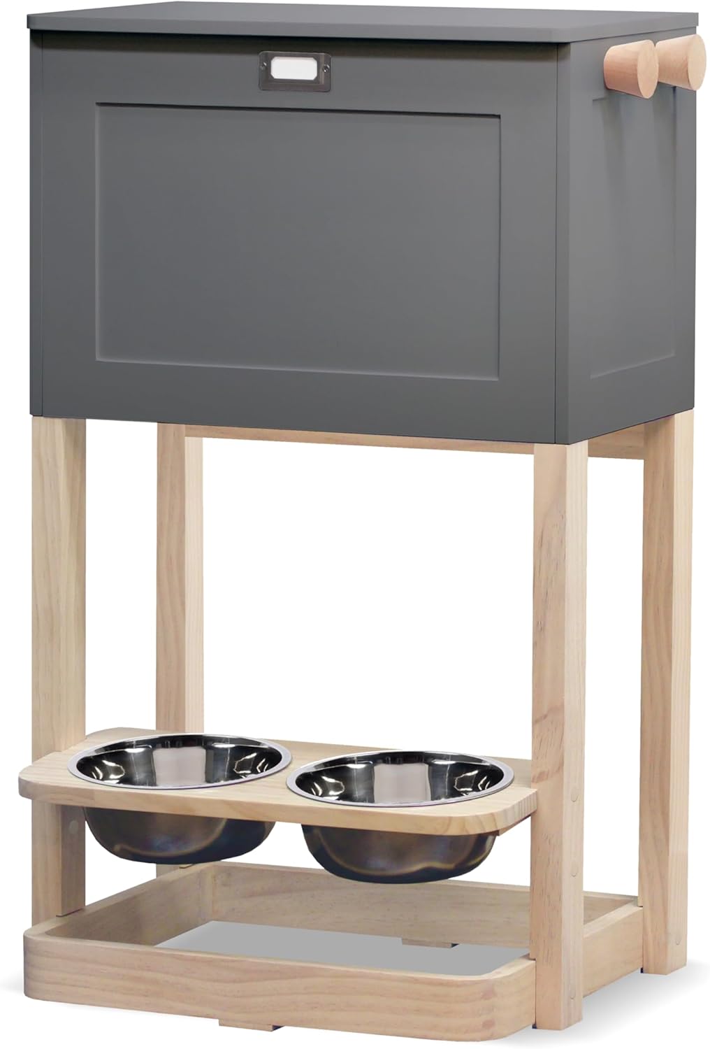 Zoovilla Raised Pet Feeder Station with Soft-Close Lid, 7" Angled Bowls – Waterproof Wooden Dog Storage Organizer for Large & Small Dogs – Modern Design (Gray)