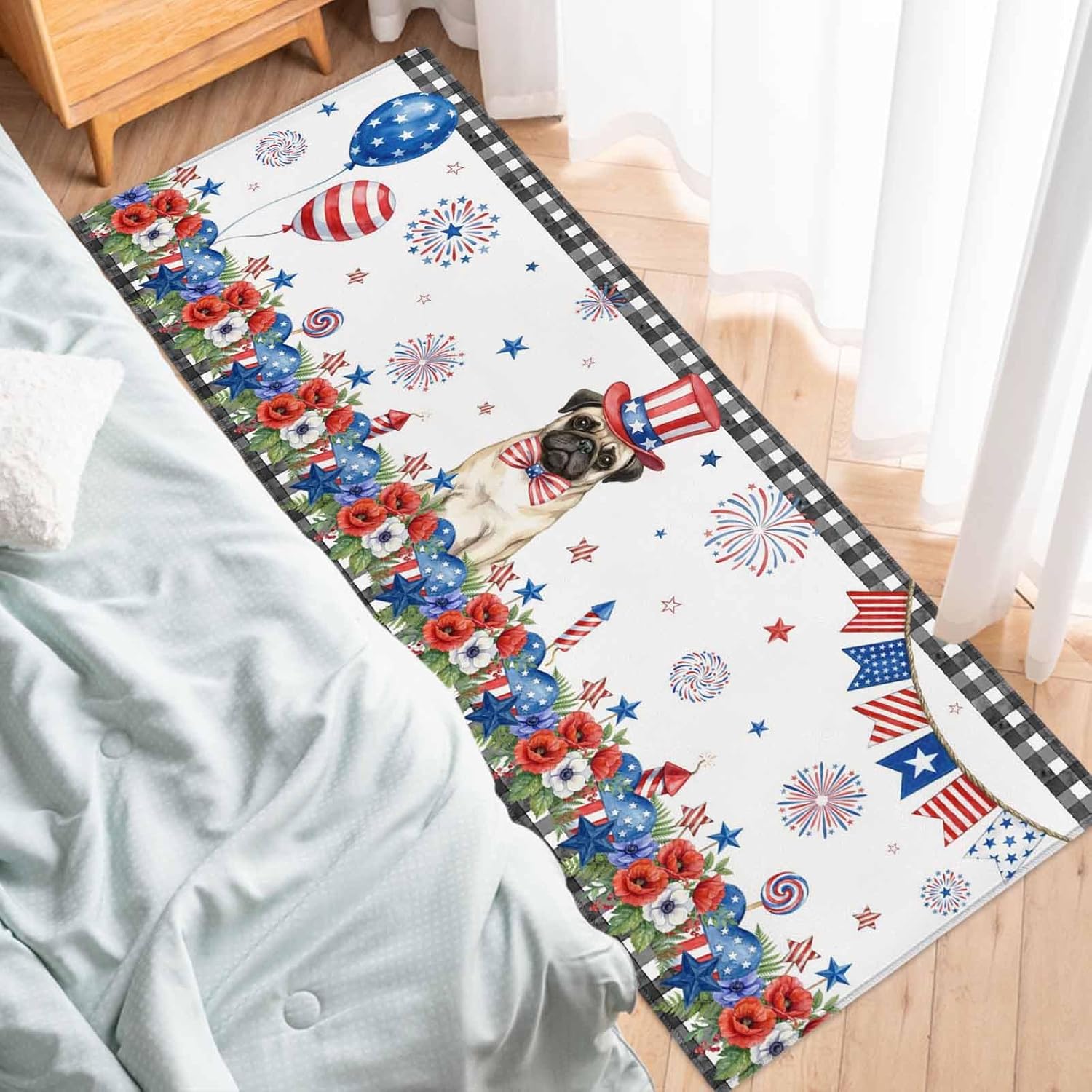 4th of July Kitchen Rugs and Mats 2 Pieces Patriotic Stars Pug Non Slip Floor Mats Poppy USA Flag Fireworks Area Rugs Carpet Comfort Soft Absorb Cushioned Doormat Independence Day Runner Rugs