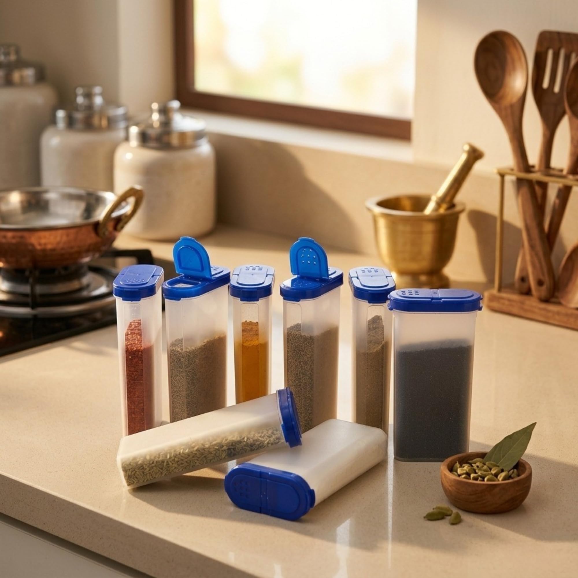 Mahaware Modular Spice Shaker Set of 8 (425ml) - Durable Spices Container for Kitchen & Masala Boxes | Versatile Seasoning Dispenser & Masala Organiser for Countertop Storage (Blue)