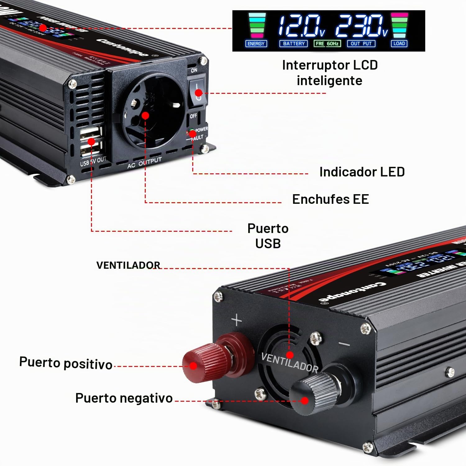 Cantonape 500W/1000W Inversor de Corriente Portatil DC 12V a AC 220V 230V con Pantalla LCD Monitor, 2USB, EU sockets para Coche, Caravana, Barco, cámpin
