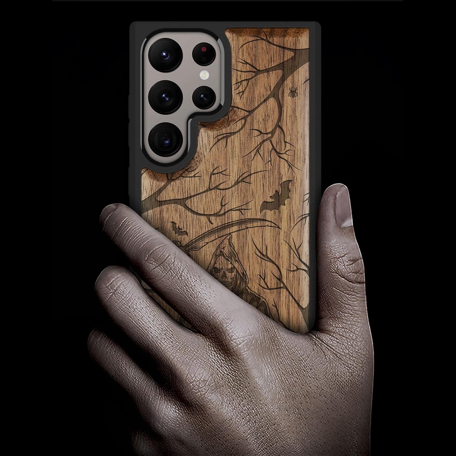 Carveit Wood Case for Galaxy S24 Ultra Case [Natural Wood & Black Soft TPU] Shockproof Protective Cover Unique Wooden Design Compatible with Samsung S24 Ultra (Grim Reaper-Walnut)