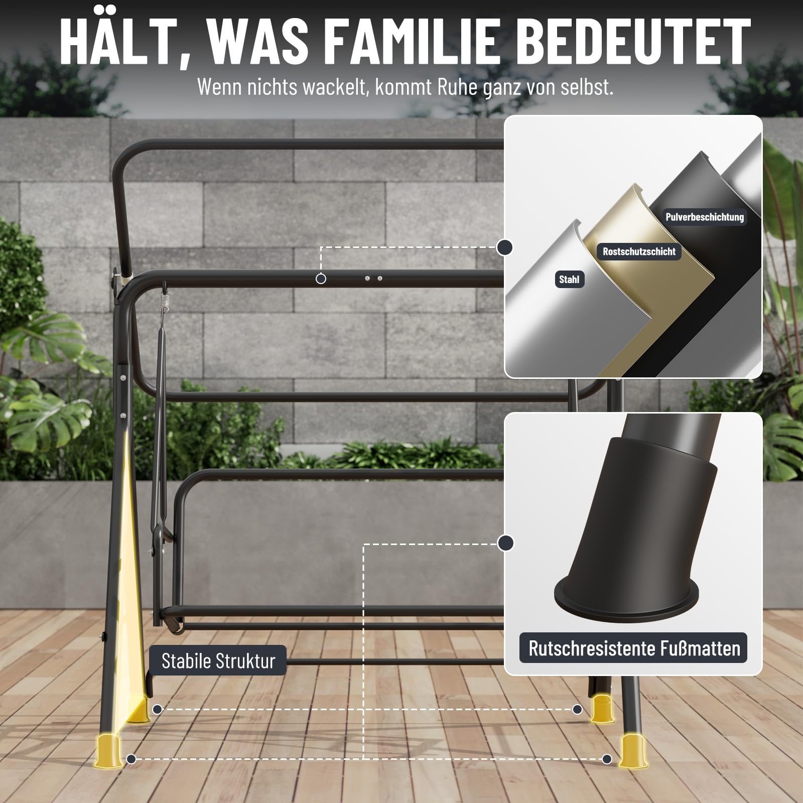 Soontrans 3-Sitzer Hollywoodschaukel, Familienzeit mit Leichtigkeit, Gartenschaukel mit Sonnendach & Gestell & Gepolsterte Sitzauflage, Belastbar bis 200 kg, aus Stahl (193 x 110 x 152 cm, Anthrazit)