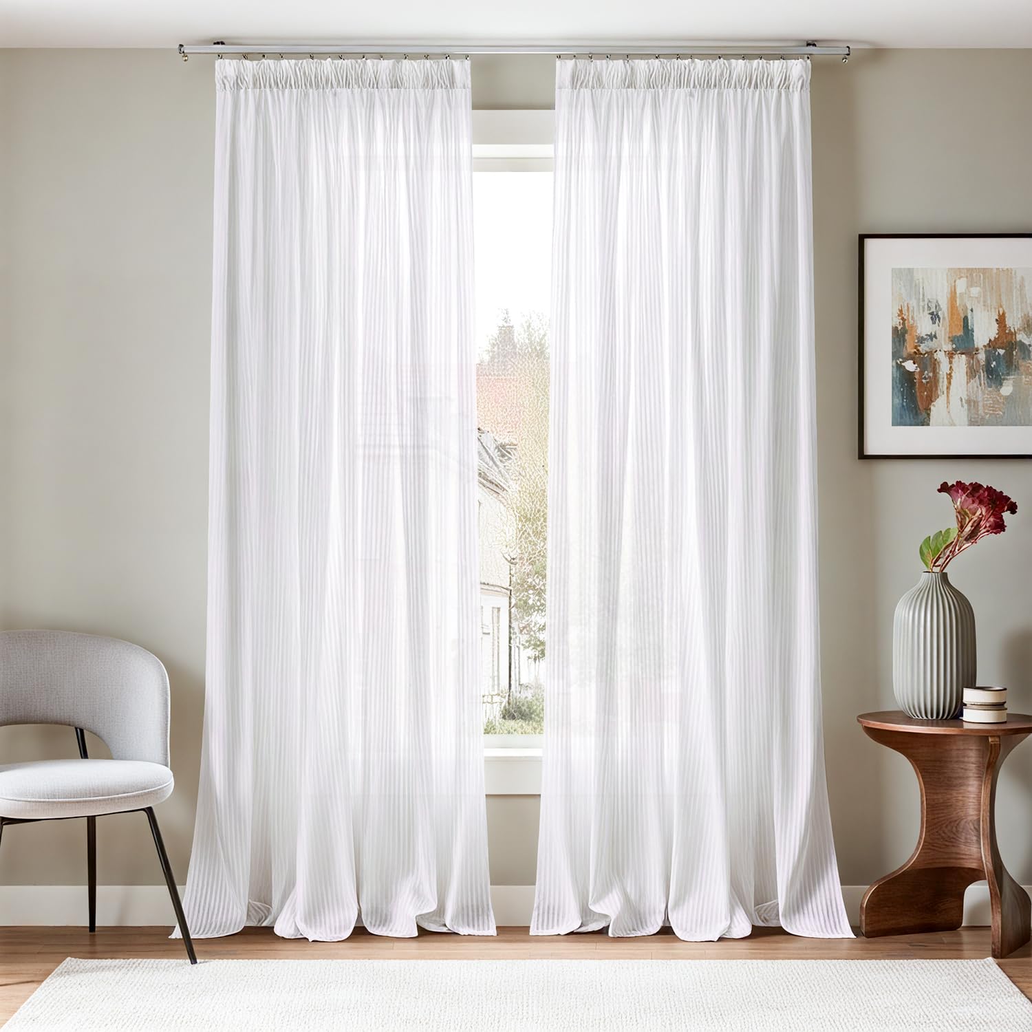 TOPICK Weiß Gardinen 2er Set H 245 x B 140 (cm) mit Kräuselband Voile Streifen Stores Vorhänge für Wohnzimmer Schlafzimmer Fenster Transparent Bauernhaus Landhausstil Curtains