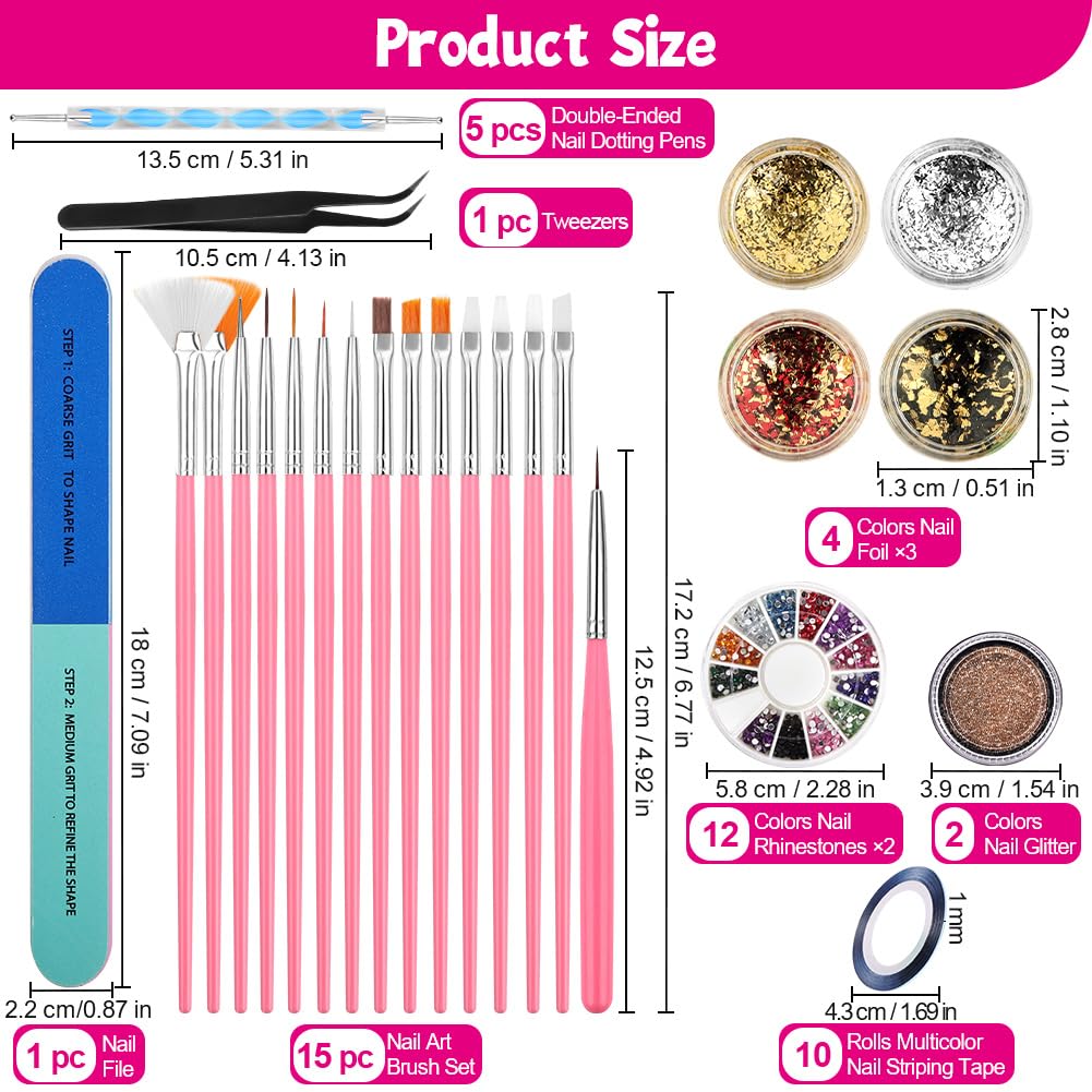 Zestaw pędzli do zdobienia paznokci, akcesoria dekoracyjne do nail art, pędzle do paznokci, kamienie stras, brokat, złota folia, wzór do paznokci, Dotted Pen, taśma w paski do manicure, pędzel