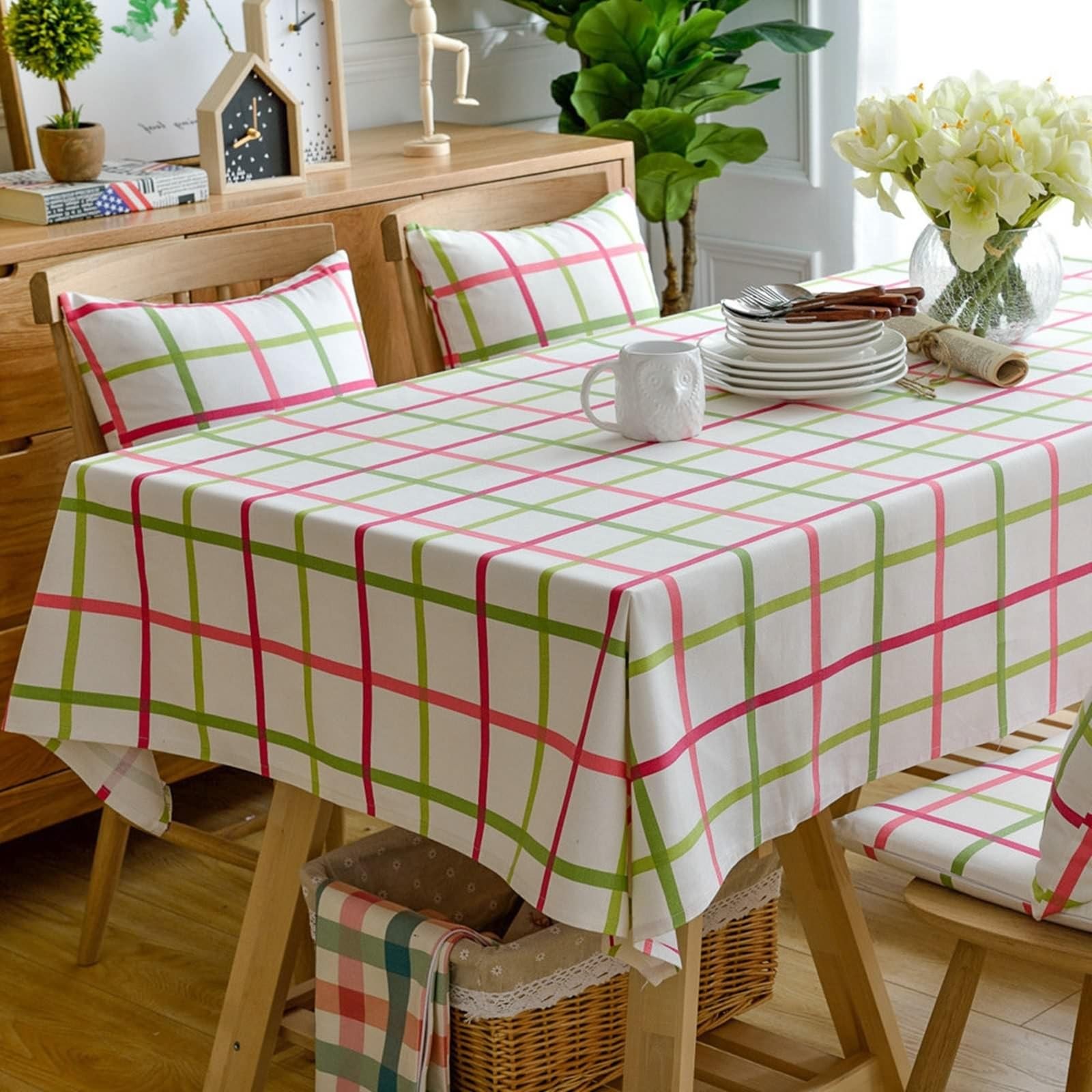 Tischdecke Abwaschbar 135X200CM, Baumwolle Tablecloth Quadratisches Gitter Rot Grün Tischdecke Rechteck