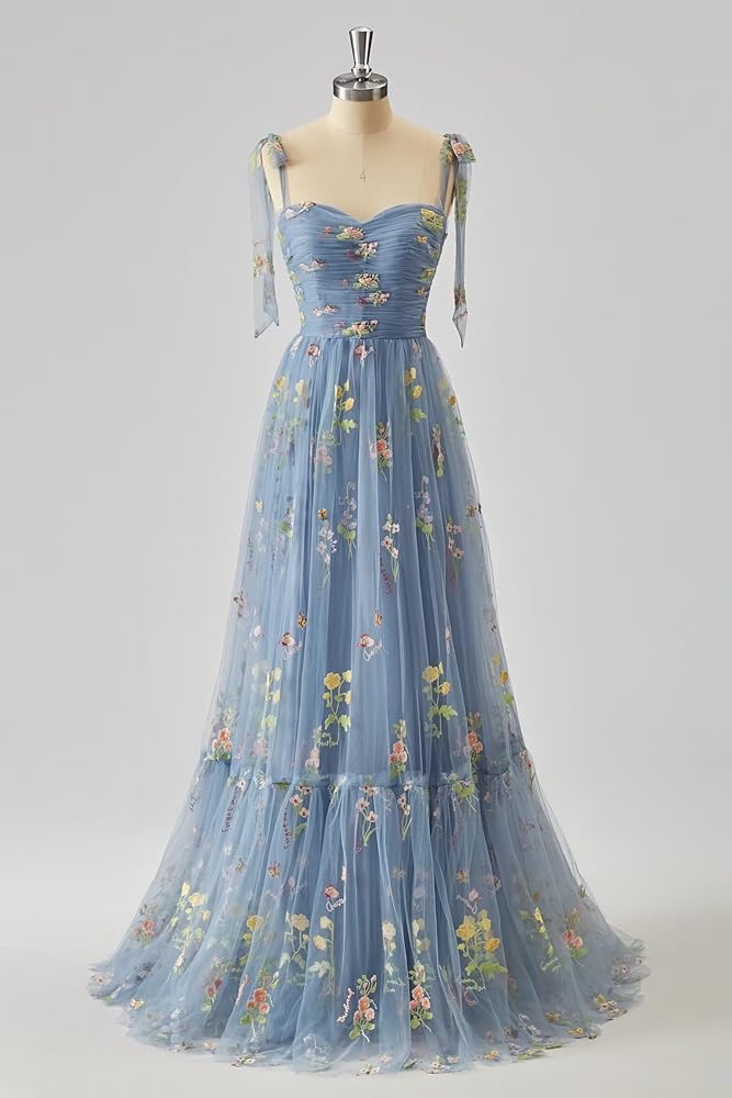 Basgute Flower Embroidery Tulle Corset Prom Dresses