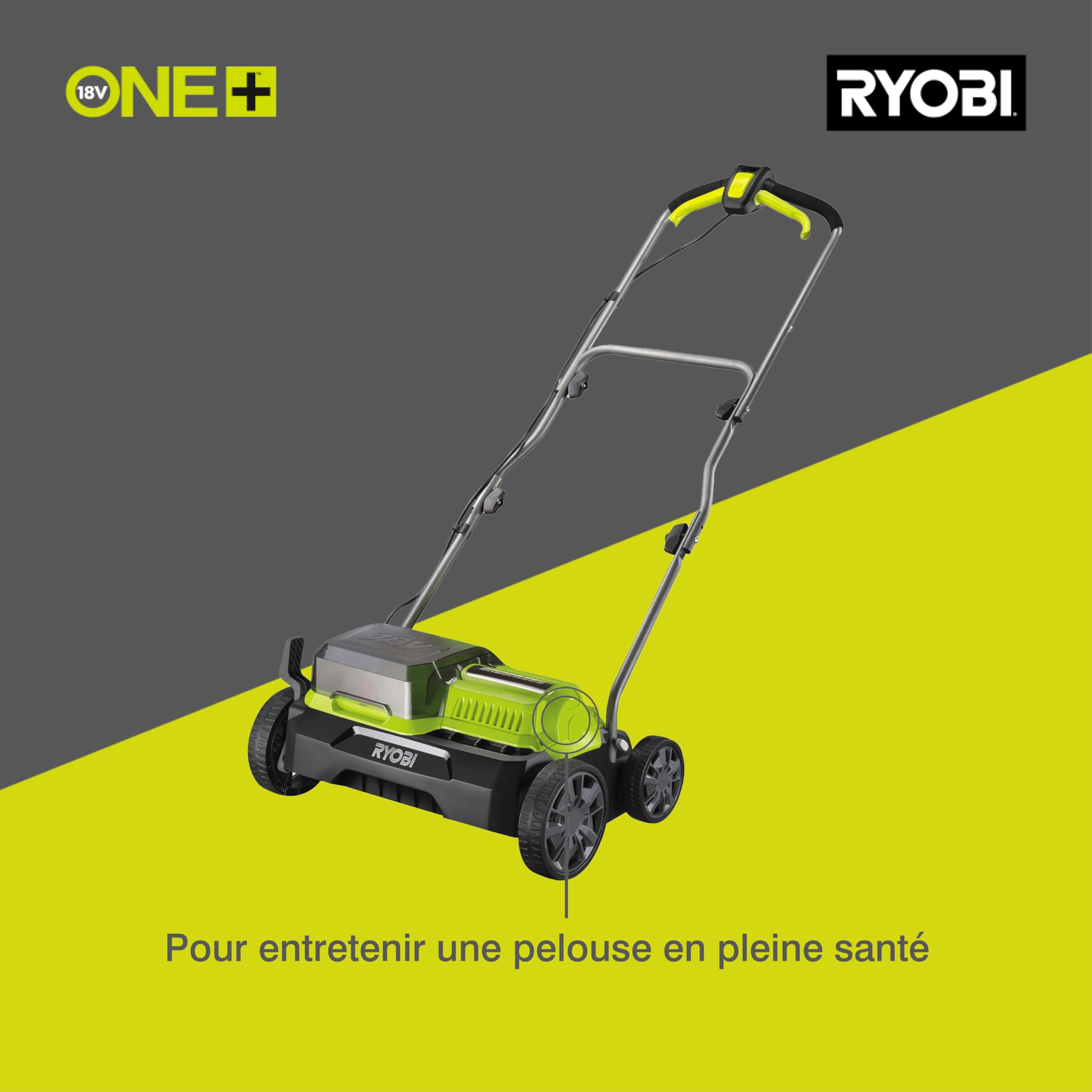 Ryobi - Scarificateur 36V (Alimentation simultanée par 2 Batteries 18V One+™) - Brushless/Moteur sans charbons - Ø 35 cm - Rouleau scarificateur 16 Lames - Vendu sans Batterie ni Chargeur