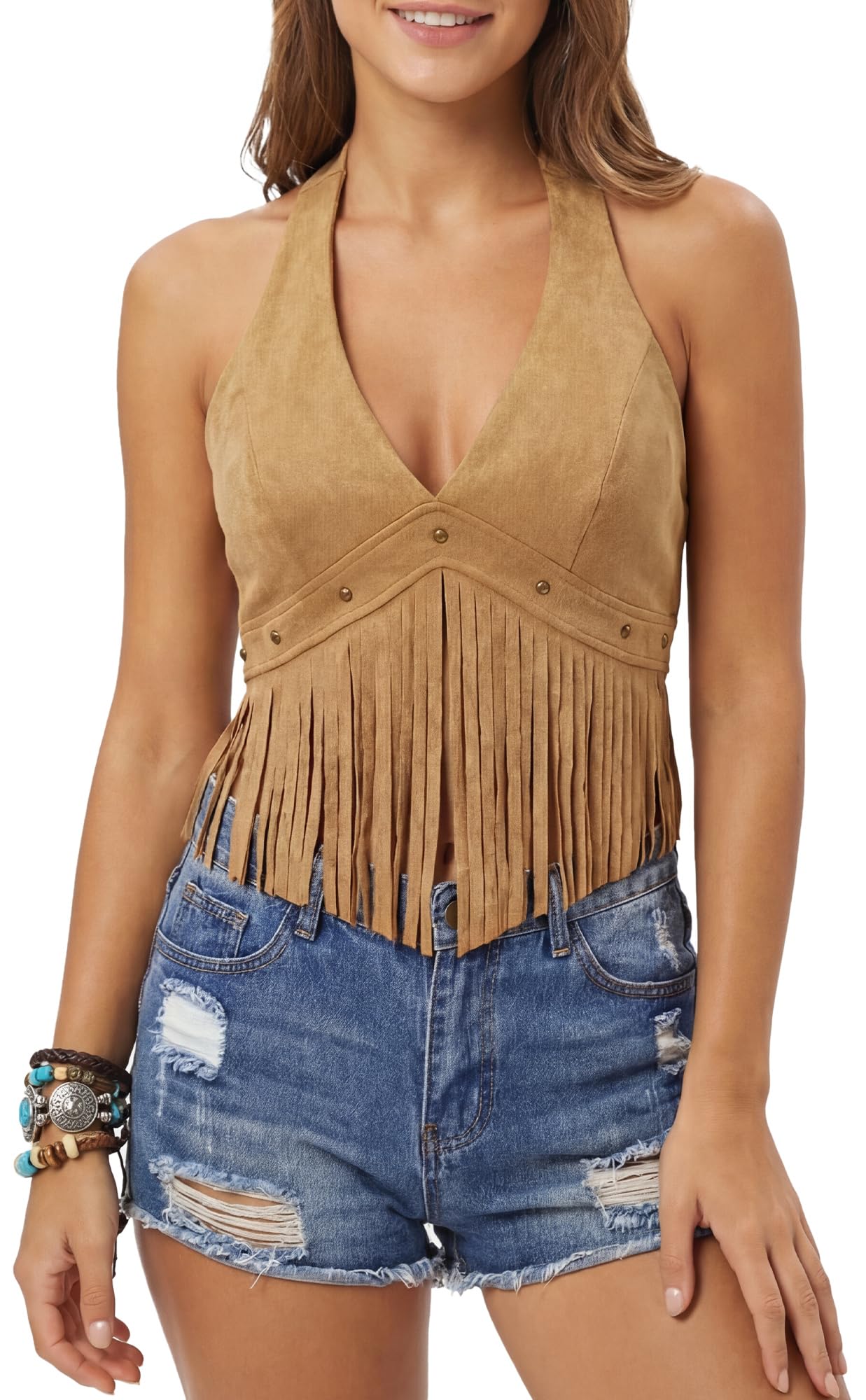 Maeau Top da donna in finta pelle scamosciata con scollo all'americana sexy crop top western Y2K top anni '70 gilet con frange gilet estivo canotta corta con nappe senza maniche XS-L