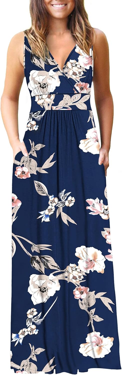 AUSELILY Women's Sleeveless Formal Dress Deep V Neck Loose Plain Cocktail Long Maxi Dresses with Pockets 2026 New