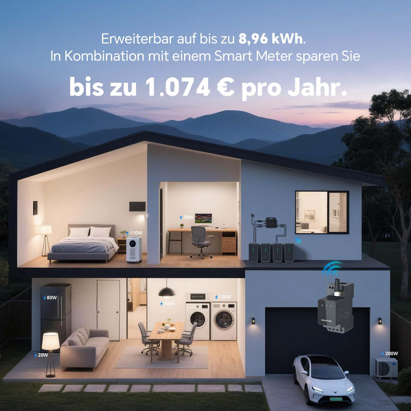 Marstek B2500 Balkonkraftwerk mit Speicher 2026 Updated,2240Wh LiFePO4 Akku,2 MPPT, 1600W PV-Eingang, 800W DC-Ausgang,Erweiterbar auf 8,96kWh, Plug & Play,0% MwSt