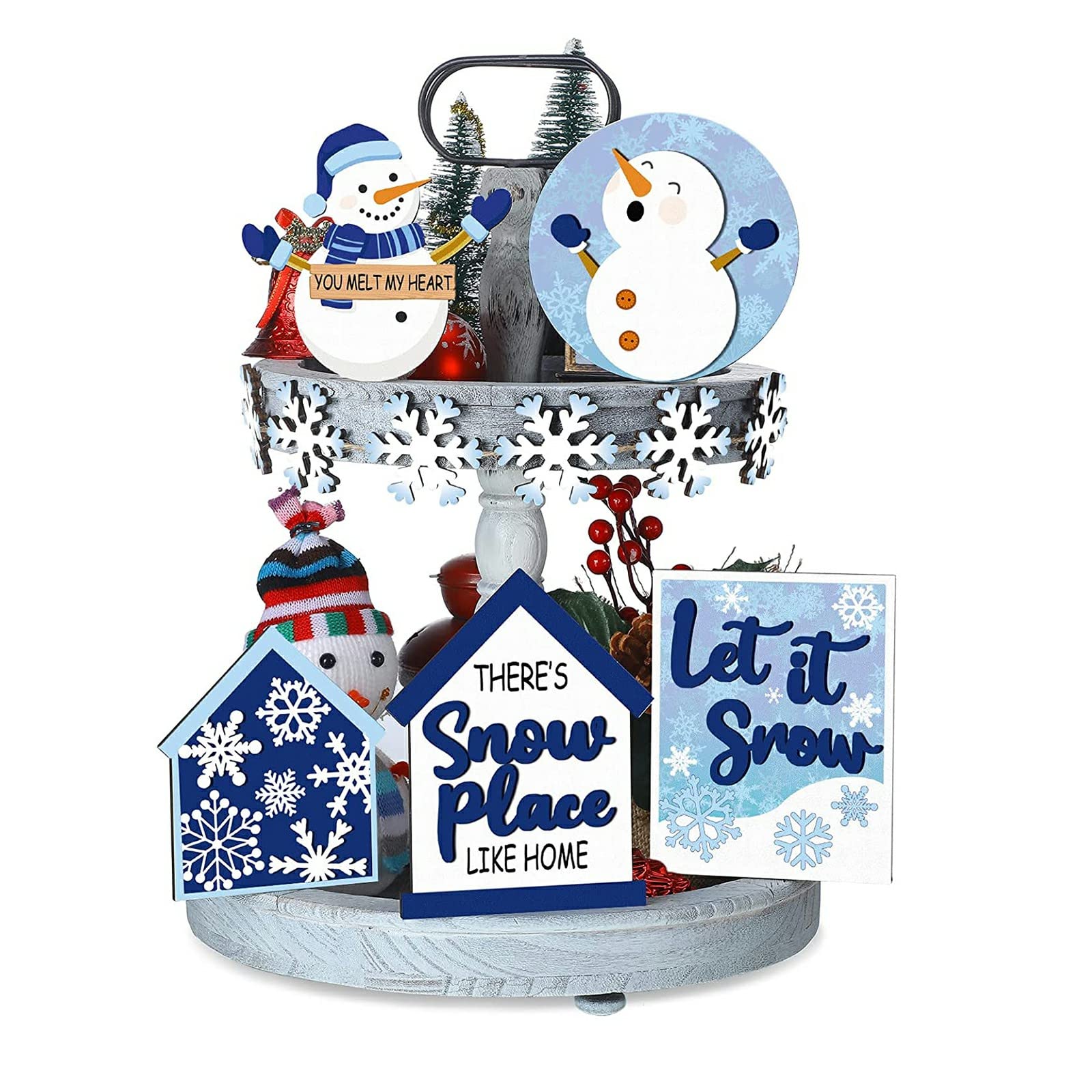 Flueyer 6 Pcs Christmas Tiered Tray Decor Winter Snowman Snowflake Table Wooden Signs Snowmen Xmas Decorations for Farmhouse Christmas Party Home Kitchen Holiday