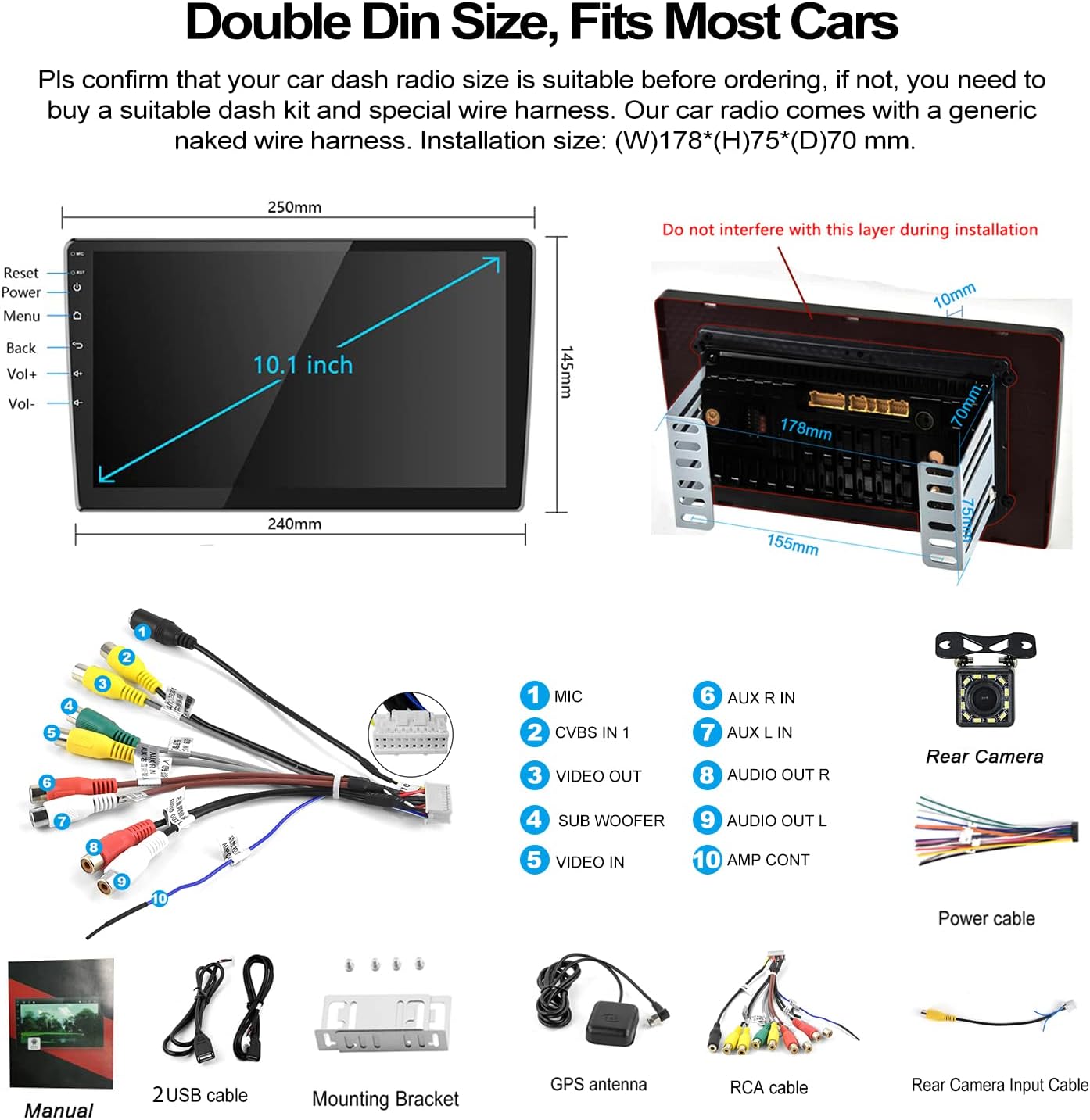 UNITOPSCI 10.1 Inch Android Car Stereo Double Din Wireless Apple CarPlay, Wireless Android Auto, Touchscreen GPS Navigation Bluetooth HiFi FM Car Radio WiFi Multimedia Player USB with Backup Camera
