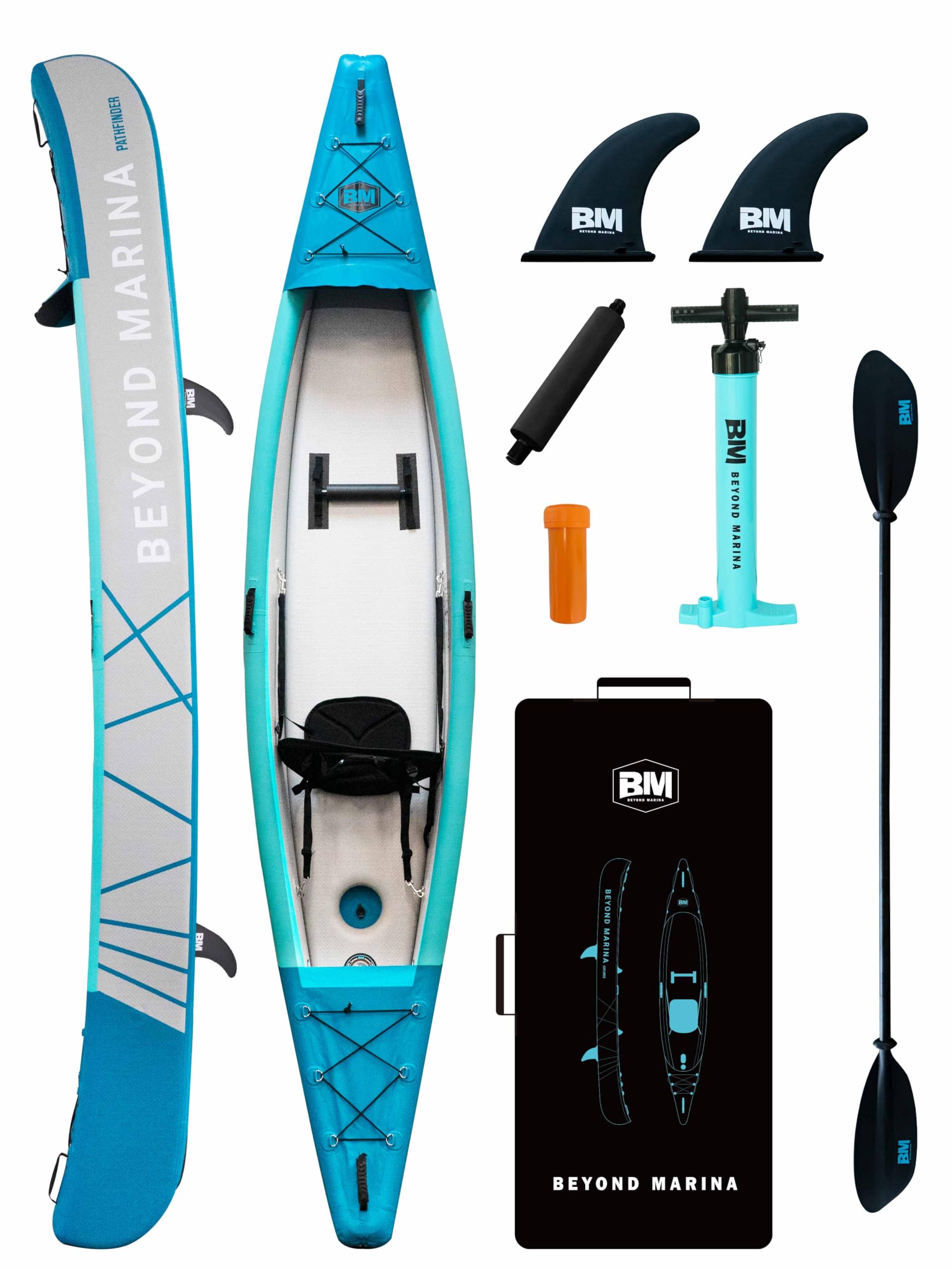 BEYOND MARINA aufblasbares Kajak für 1, 2, 3 Personen, Drop-Stitch Tandem Kayak Set für Erwachsene mit Paddeln, Sitzen, Pumpe, Finne & Tragetasche, robust & vielseitig, 380cm,420cm,460cm