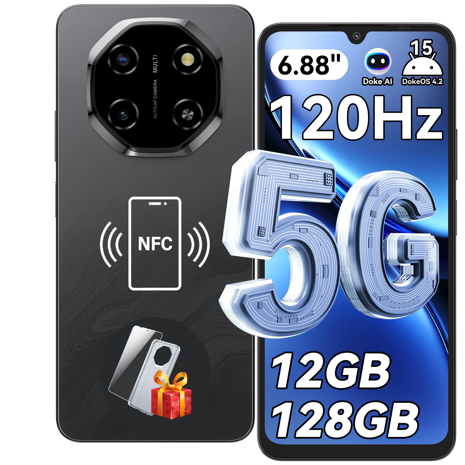 Blackview Shark 6 5G Handy Ohne Vertrag, 6.88" FHD 120HZ Smartphone Ohne Vertrag, 12GB+128GB / 2TB TF 5000mAh KI Handy mit Android, 16MP+8MP Dual SIM Handys/Fingerabdruck/Face ID/GPS/OTG/NFC