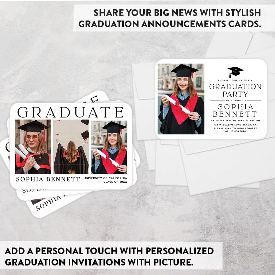 Andaz Press Personalized Graduation Invitations 2026 With Self Seal Envelopes, Graduation Announcements 2026, Custom 3 Photo Collage Party Invitations for High School College, 24 Pack, 7x5 Inches