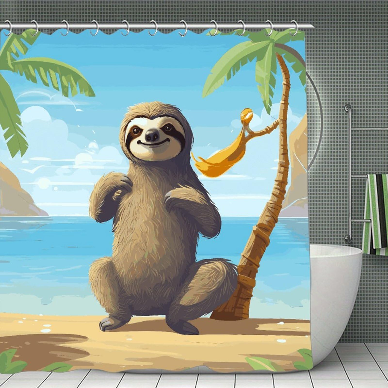 FekiLoot Sloth on Beach Shower Curtain Minimalist Thick Bathroom Curtain Washable Modern Bathroom Shower Curtain Heavy Duty Waterproof Cloth Bath Curtain with Hooks 70.8"x70.8"
