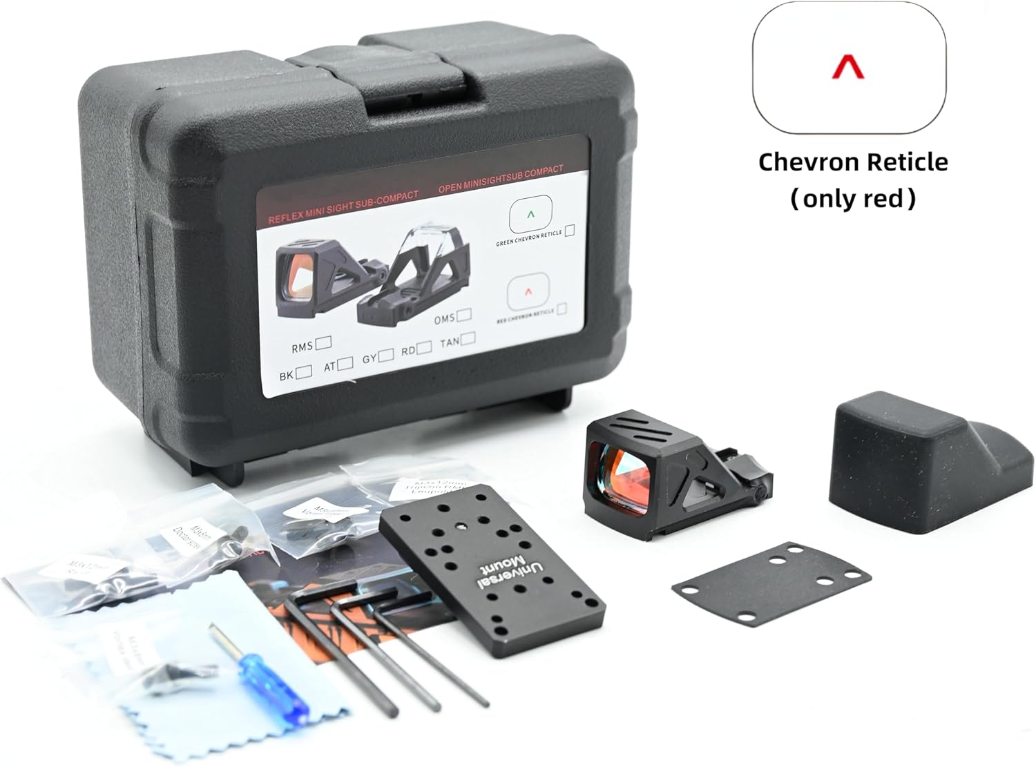 Reflex Red Dot Mini Sight Chevron Reticle with Automatic Brightness Adjustment，Compact Optic Reflex Scope with Universal Mount Plate Base and Spacer、Rubber Cover，Lightweight Aluminium Design