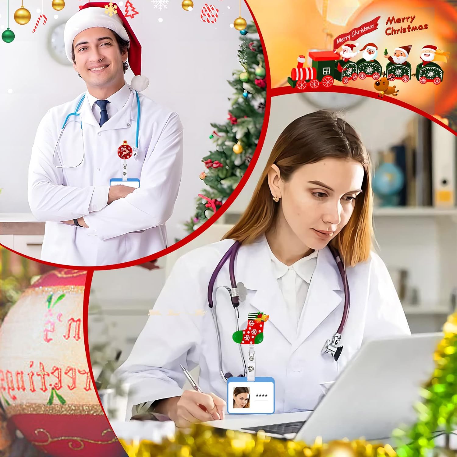 JANYUN 8 Pack Christmas Badge Reels Retractable, Xmas Nurse Badge Holder ID Name Card with Alligator Swivel Clip, Cute Elk Snowman Snowflakes Tree Badge Holder for Nurse Glitter Decorative Metal Clip - Image 6