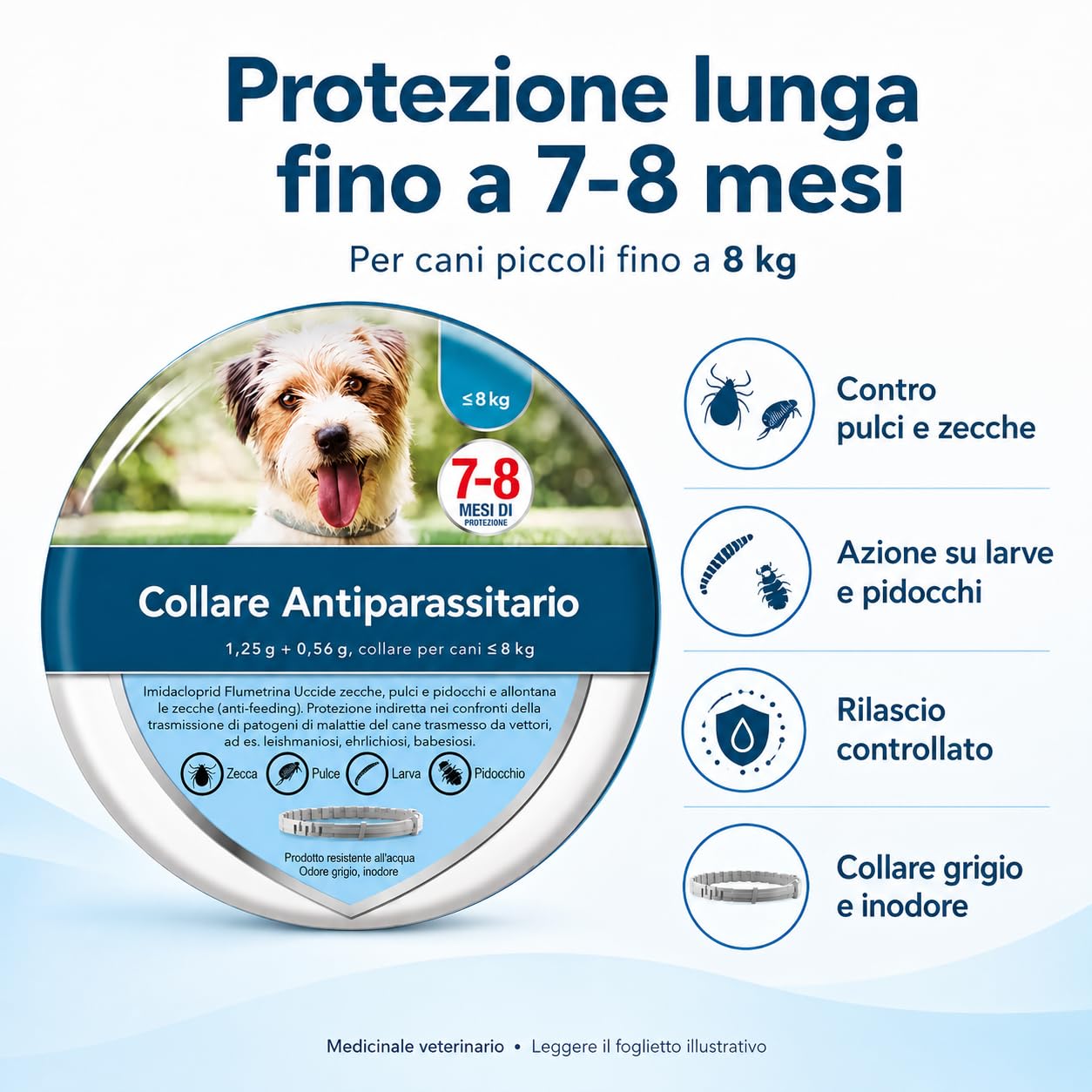 Collare Antiparassitario per Cani Piccoli fino a 8 kg, Protezione da Pulci e Zecche fino a 8 Mesi, Medicinale Veterinario Inodore con Imidacloprid e Flumetrina