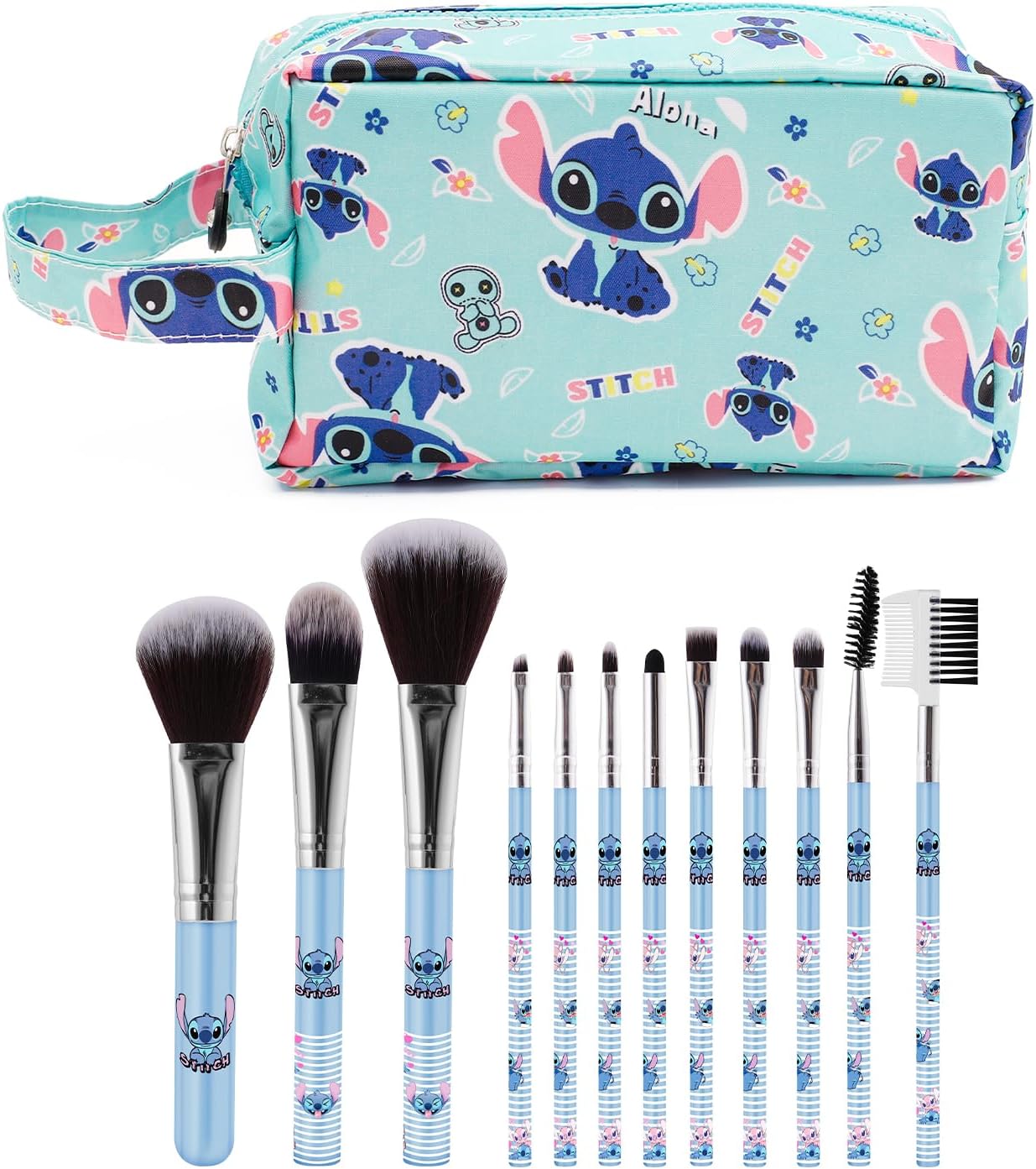 Stitch Makeup Bag with Makeup Brush Stitch Plush Cosmetics Case Stitch 12 Pcs Cosmetic Brush Capacity Bag for Women -bag (S-12PCS brushes+caseA)