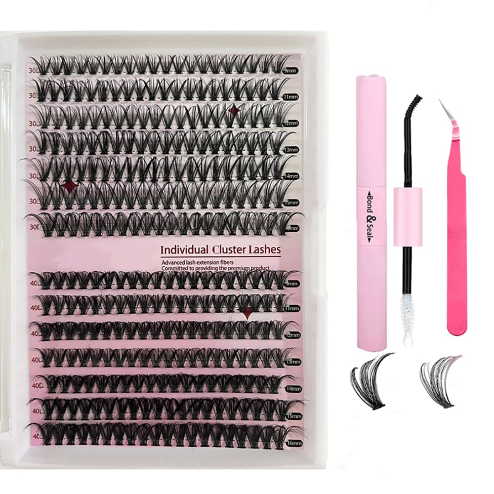 Lash Extension Kit DIY 280pcs | Mix 9-16mm 30D 40D Curl Individual Lashes |Professional Tweezers | Eyelash Cluster Set for Stunning Self-Application