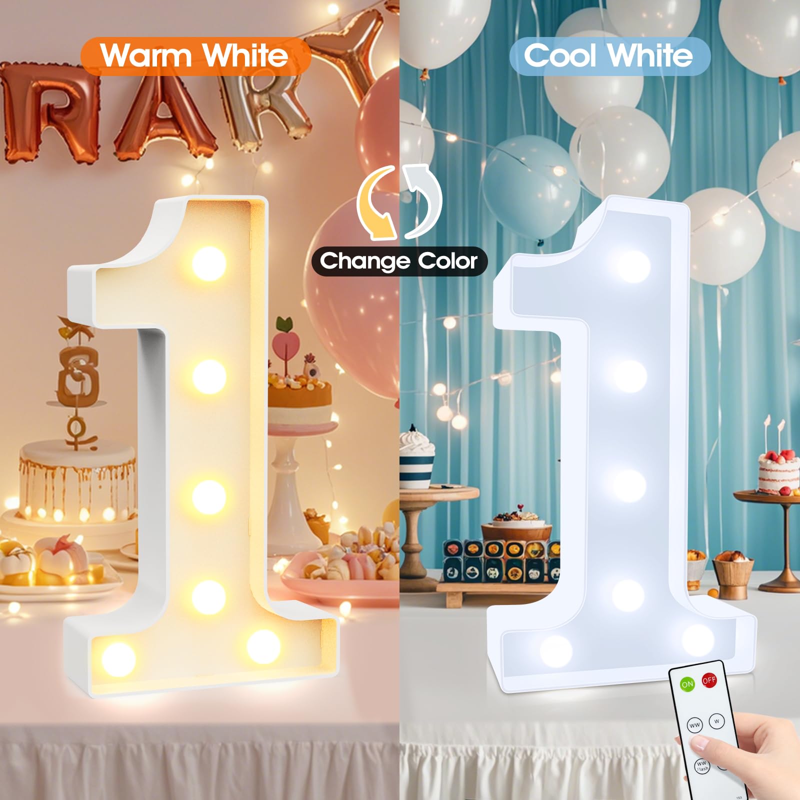 Vimlits Light Up Numbers 70th Birthday Decorations, LED Number Lights Lighted Number Sign for Party Backdrop Wedding Anniversary Remote Wall Table Decor - Cool White & Warm White 70 — view 2