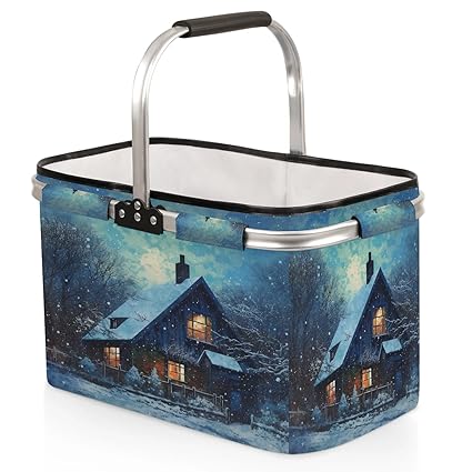 Kizmoglux Farmhouse Village Winter Collapsible Market Basket, Foldable Picnic Basket - Large Shopping Basket with Handles, Portable Folding Bag for Shopping Camping Picnic