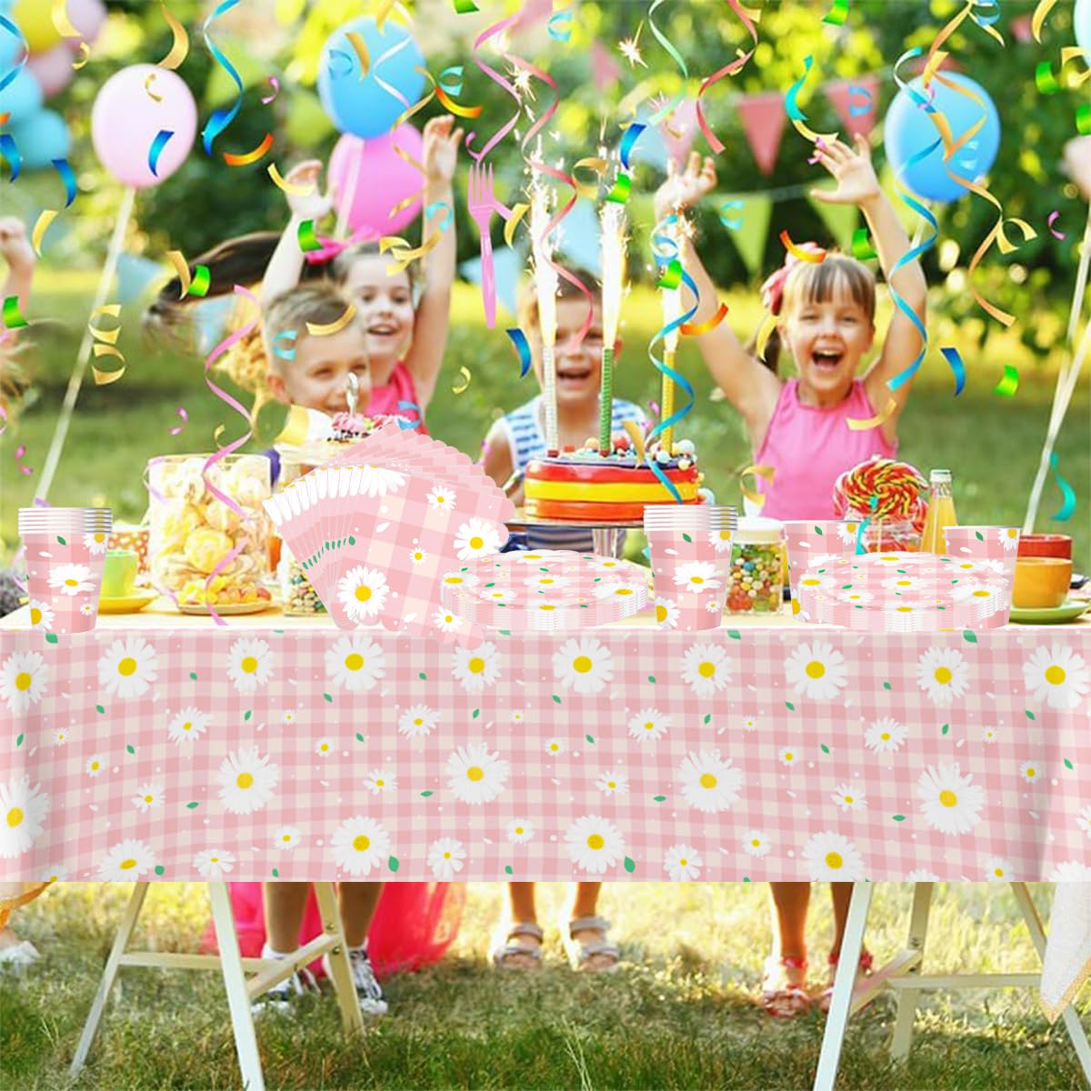 margherita Stoviglie per feste, 61 pezzi Crisantemo rosa Stoviglie per compleanni per bambini, Tema floreale Set di piatti di carta per feste, Compresi bicchieri, tovaglioli e tovaglie