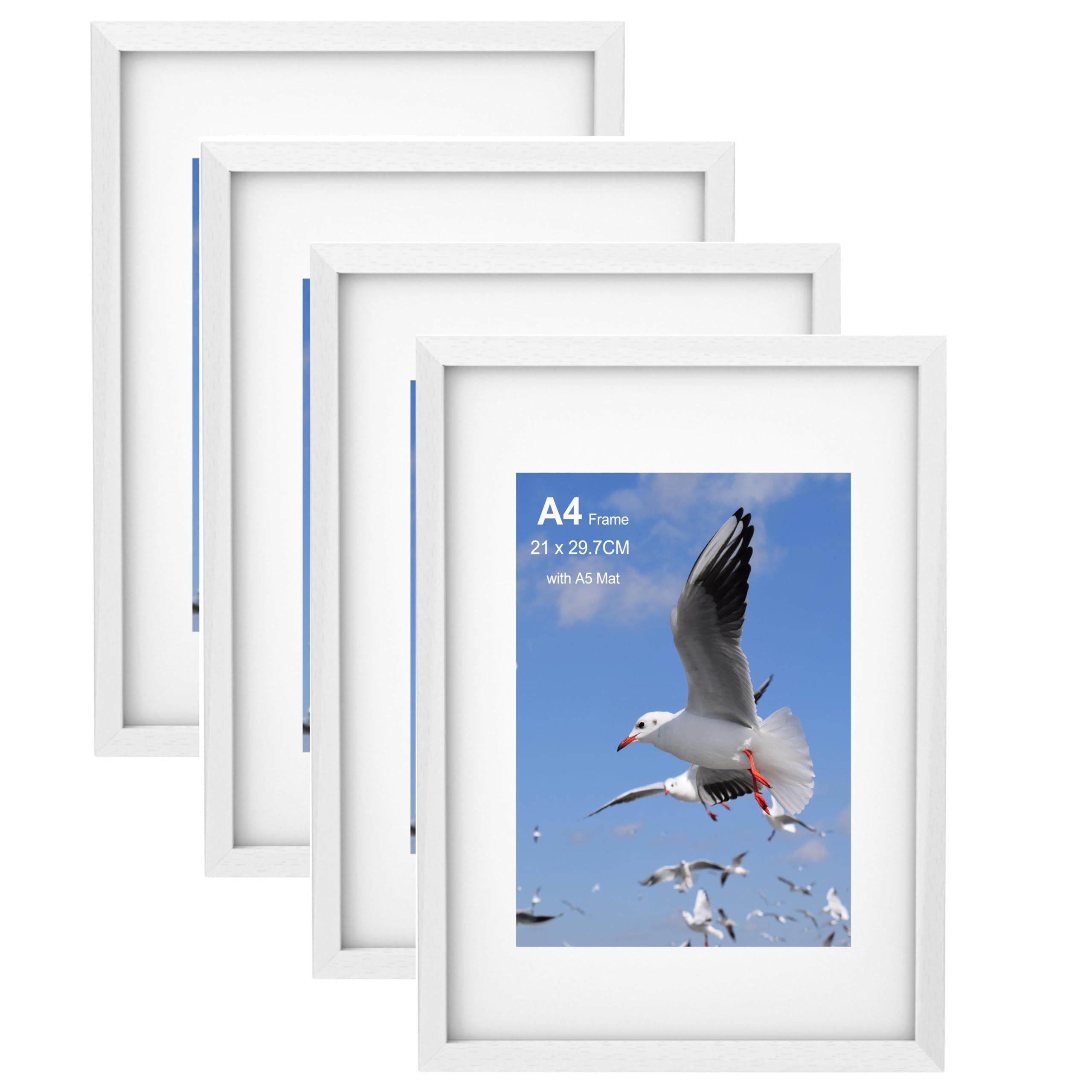 Szyeequoo A4 Picture Frame White 4 Pack, A4 Photo Frames with Mount for A4 or A5, Acrylic Front Safer Than Glass, Wall & Tabletop Display, 21 x 29.7 cm