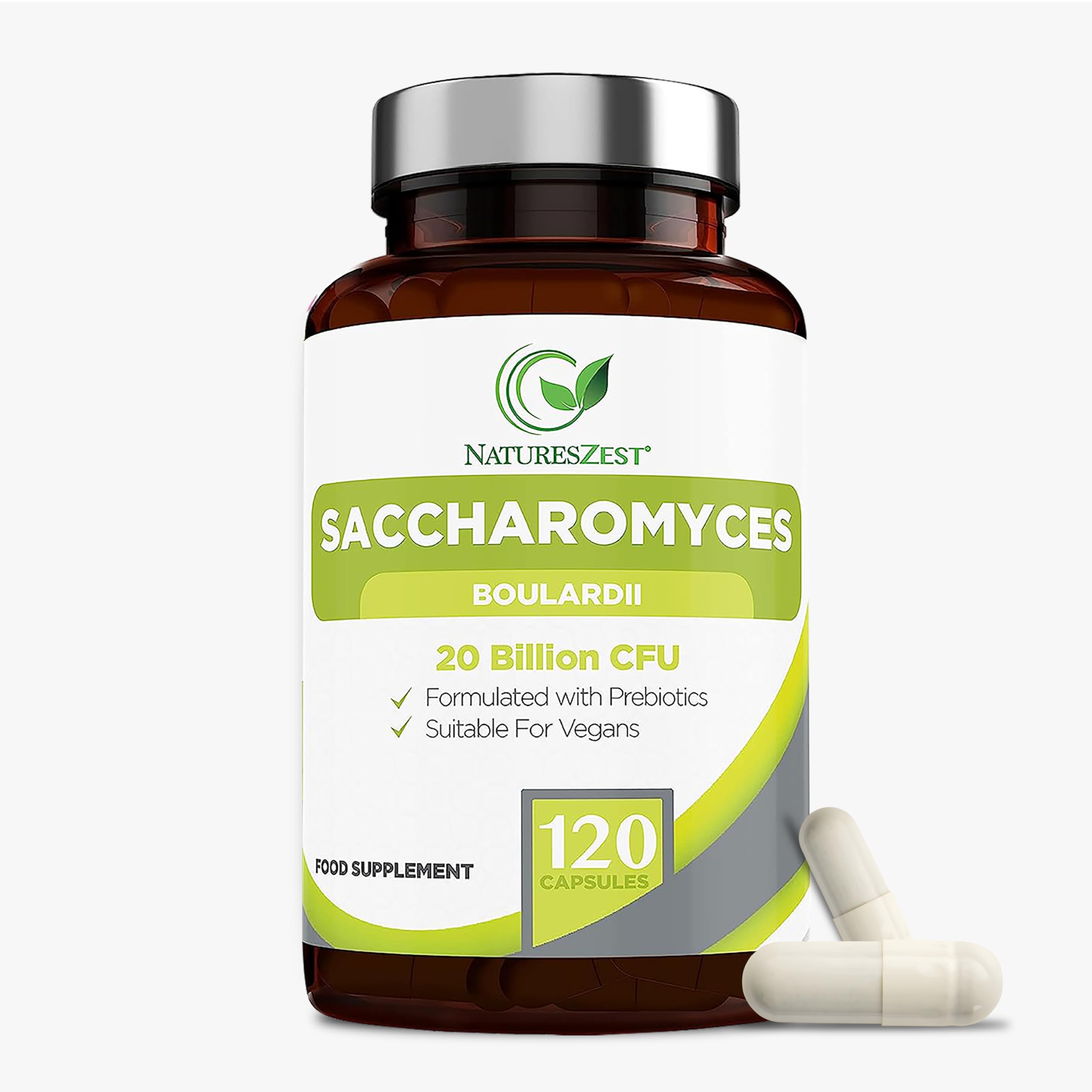 Natures ZestHigh Strength Saccharomyces Boulardii 20 Billion CFU with Prebiotics 120 Capsules Friendly Bacteria Probiotic Yeast Supplement, Vegan & Gluten Free, up to 4 Month’s Supply