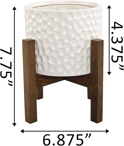 Miniatura 2 de Flora Bunda Maceta de cerámica de colmena de 7.75 pulgadas de alto y 5.5 pulgadas de apertura en soporte de madera de mediados de siglo, color crema