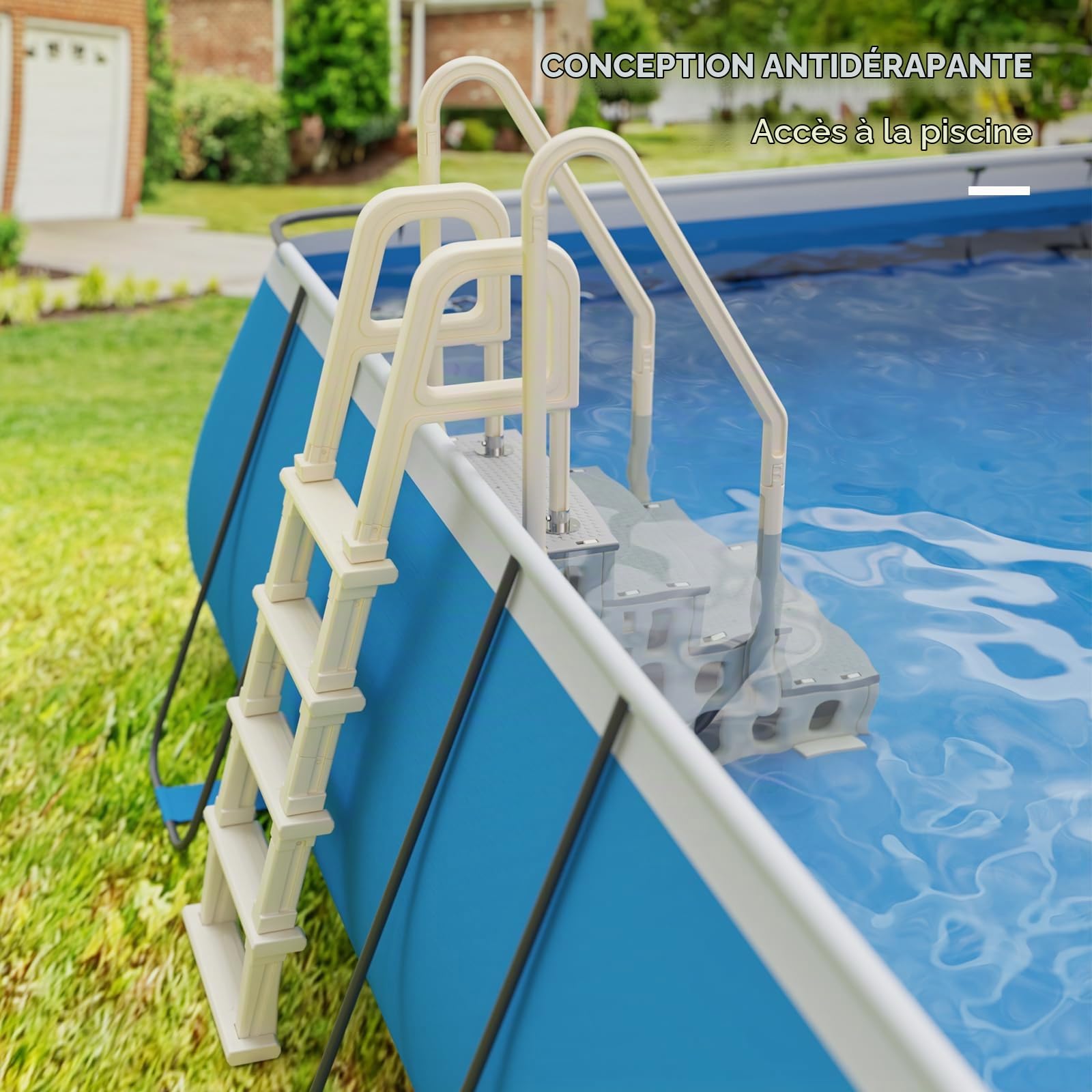 BONNLO Ensemble Escaliers de Piscine Double 4+5 Marches, PE, Blanc Cassé, Échelle de Piscine Creusée et Hors Sol 116cm, Anti-Dérapant, DIY Combiné