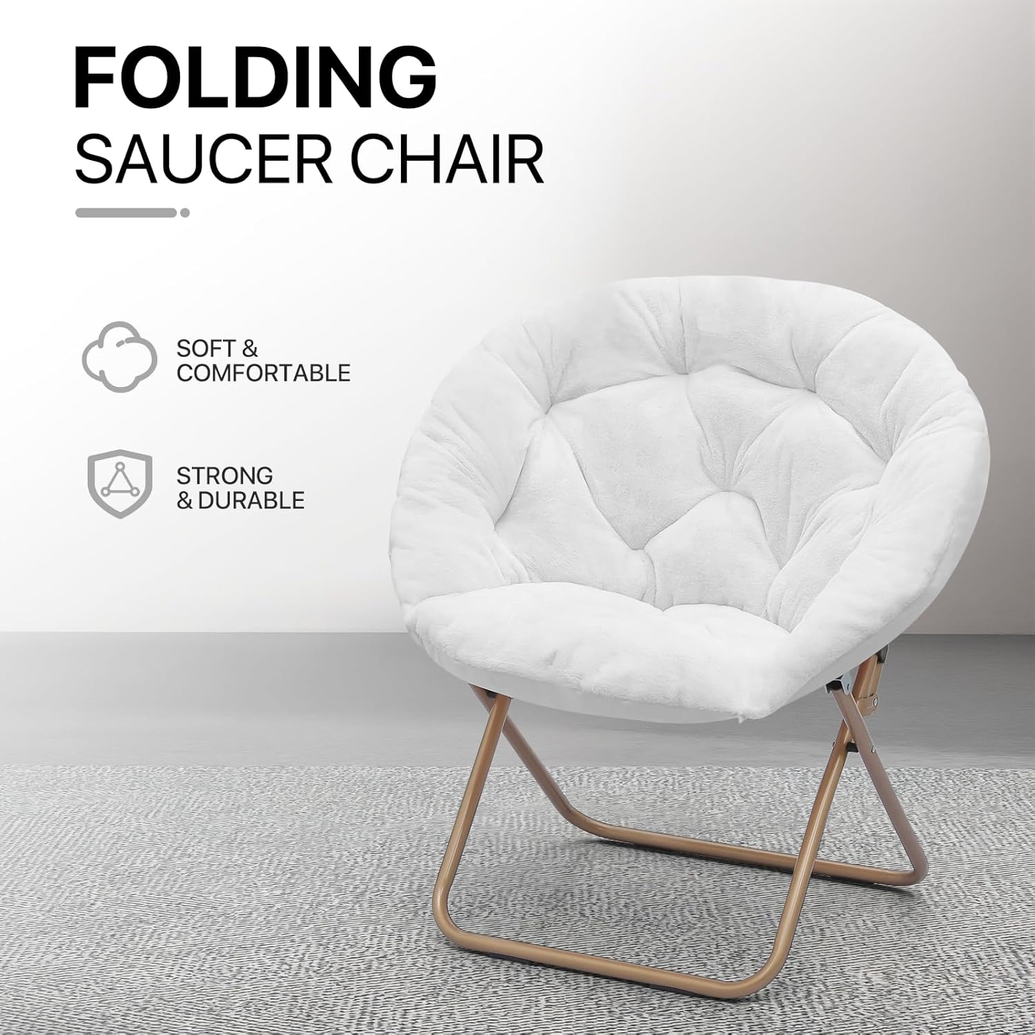 Athena Collection Comfy Saucer Chair Folding Cozy Chair for Bed Room Living Room Accent Chair Faux Fur Reading Chair Foldable Metal Frame Lazy Chair Moon Chair for Adult Set of 2, White