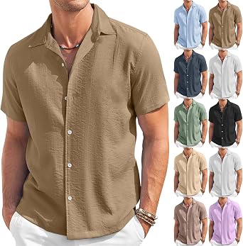 Mens Linen Shirts Plus Size Short Sleeve Button Down Shirt Casual Regular Fit Tops Holiday Vacation Outfits