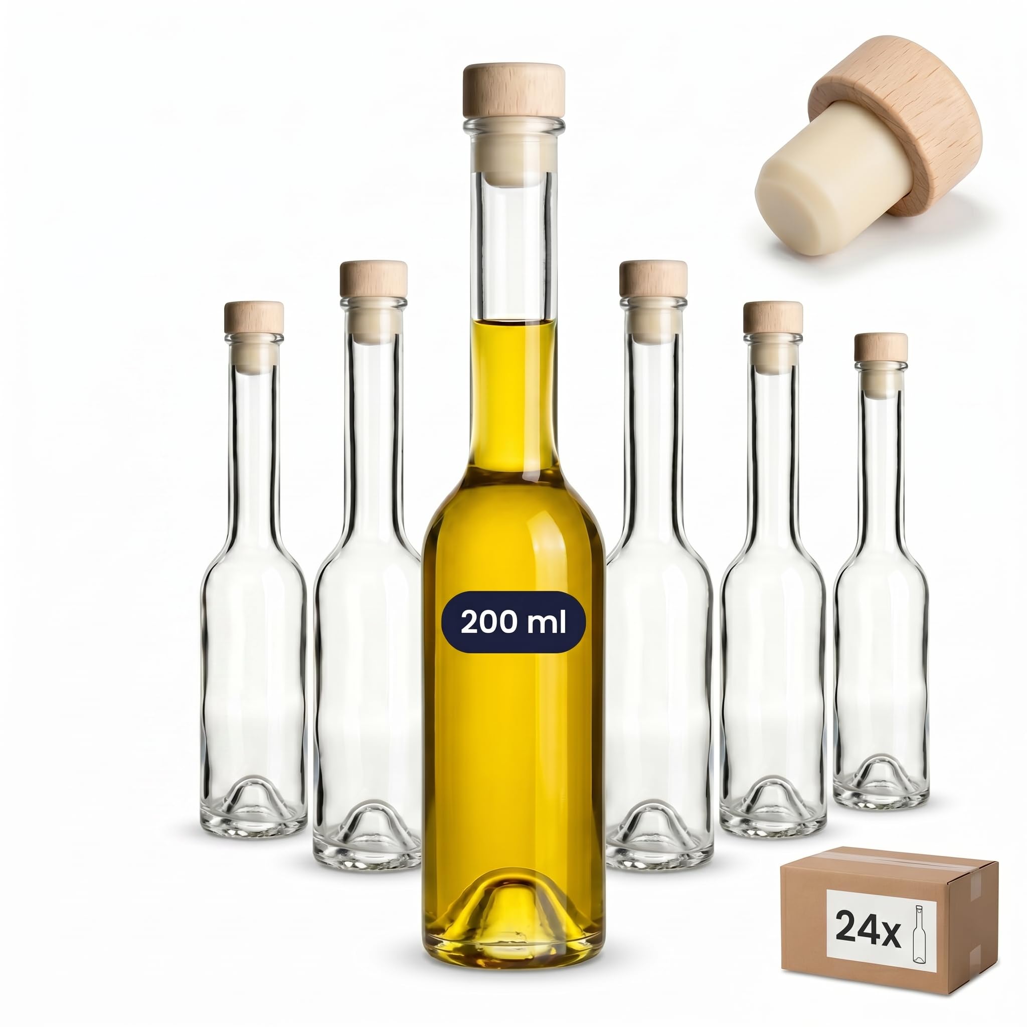 gouveo Set da 24 bottiglie in vetro Sinfonie (0,20 l) con tappo in sughero con pomello in legno bottigliette trasparenti per liquore sciroppo olio aceto decorazione (SIF200HGK)