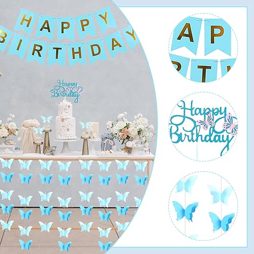 Miniatura 5 de Decoraciones de cumpleaños de mariposa azul para niña, 40 unidades, pancarta de feliz cumpleaños, guirnaldas colgantes de mariposas, decoración de