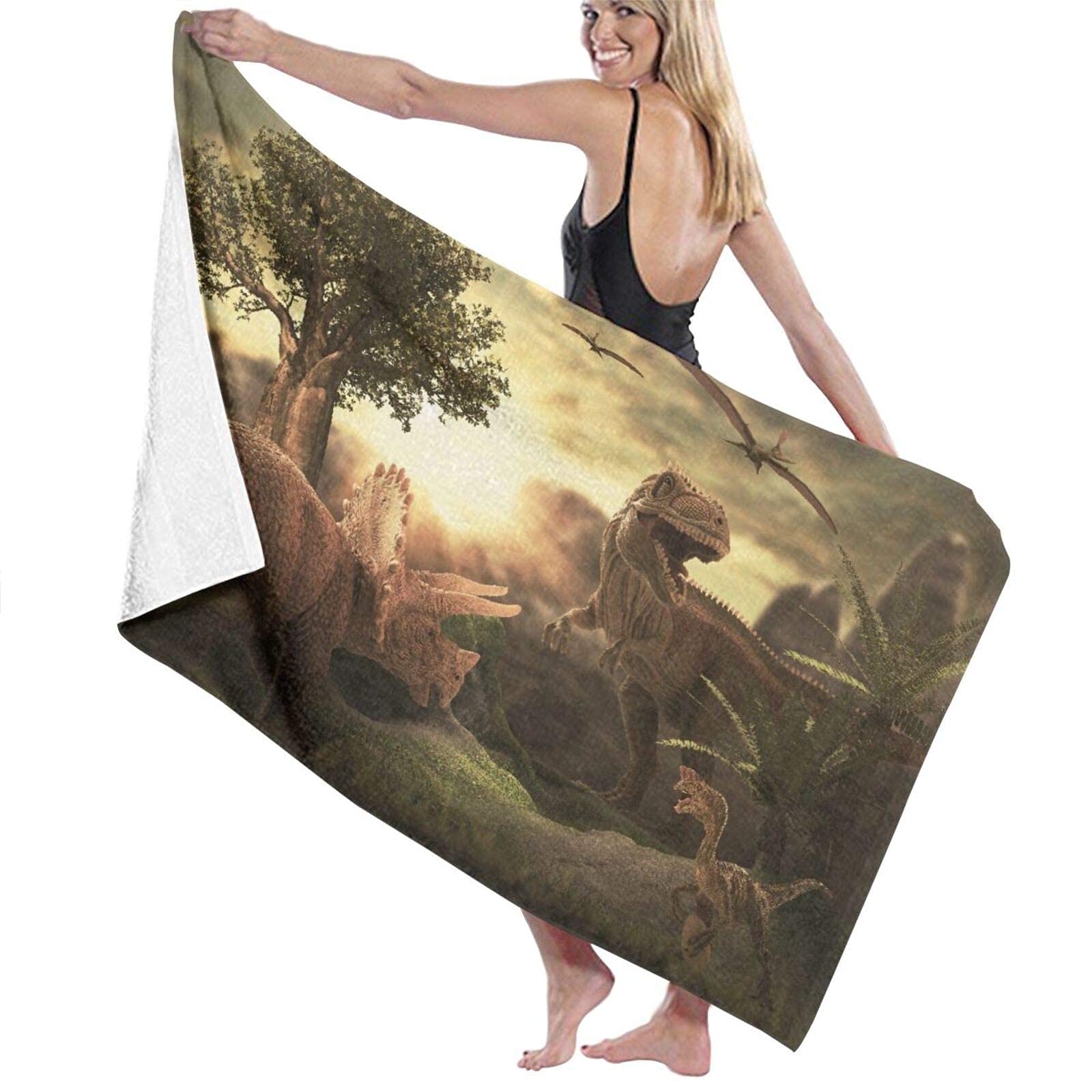 Lsjuee The Giant Dinosaur Destroy The Park Beach Towel for Boys Light Weight Superfine Fiber Beach Towel for Men Adults Funny for Honeymoon Tropical Vacations Swimming Class 32INx52IN